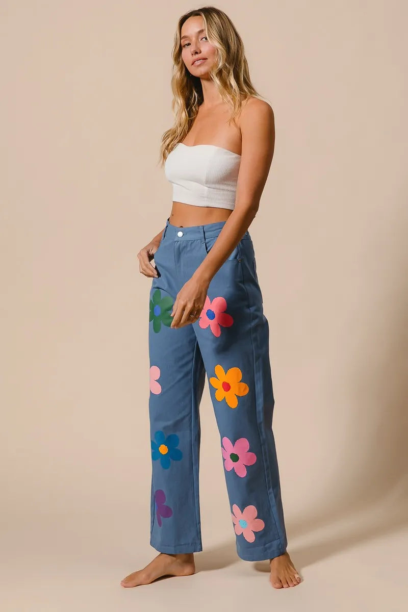BiBi Floral Print Straight Leg Pants for Women - Casual & Comfortable Trousers for Everyday Wear, Office, and Outings