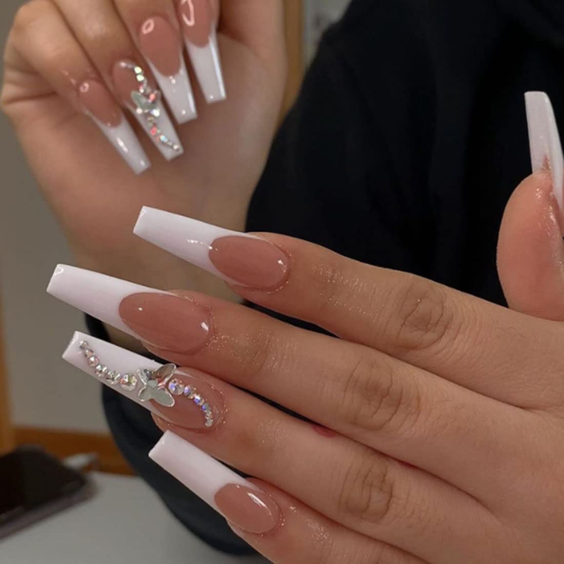 SINLOV 24pcs Coffin Fake Nails - Pink Butterfly Glossy Press on False Nails, Long Ballerina Artificial Nails, Full Cover Nail Tips for Women & Girls | Perfect for Parties, Weddings, and Special Occasions