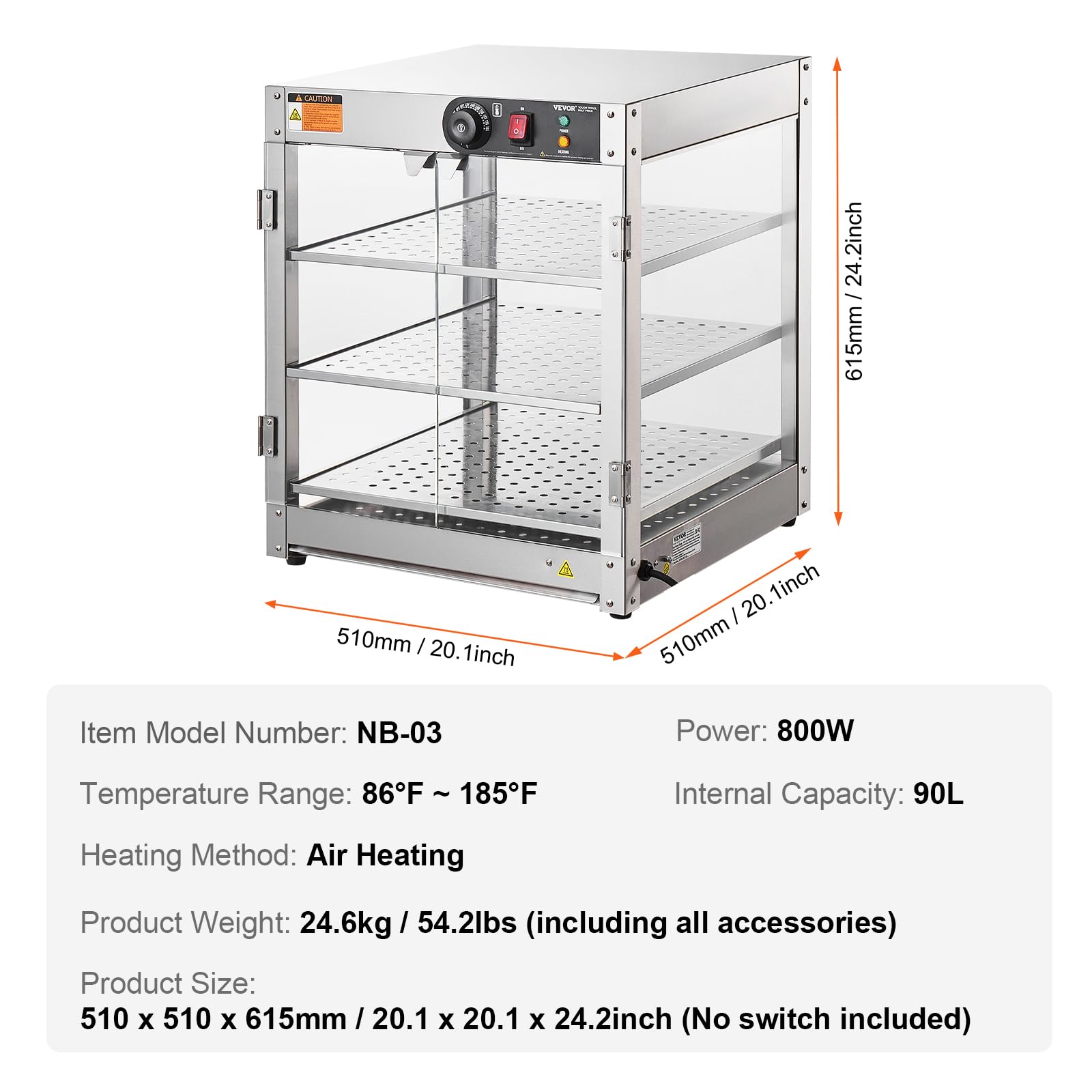 VEVOR 3-Tier Commercial Food Warmer Display - 800W Heated Buffet Server with LED Lights & 86°F~185°F Adjustable Temperature - 90L Large Capacity for Burgers, Pizza, Bread & Fried Chicken - Perfect for Restaurants, Cafes & Catering Events