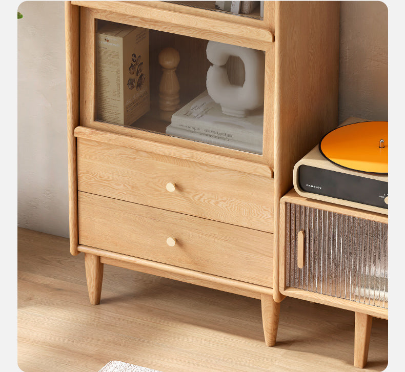 Solid Oak and Ash Wood Flip Door Side Cabinet with LED Lighting - Perfect for Living Room, Bedroom, or Office Storage and Display
