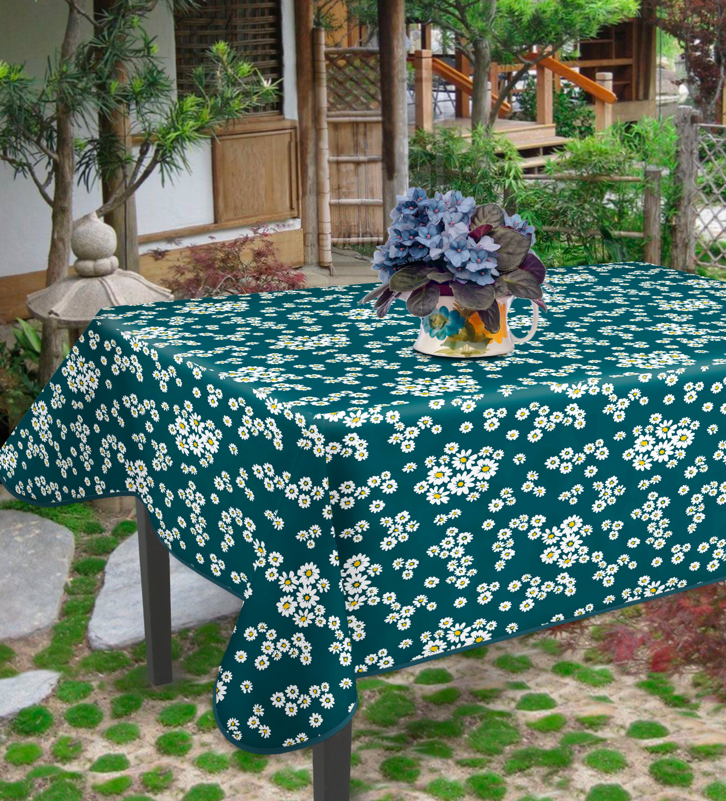 Vibrant Teal Daisy Pattern Vinyl Oilcloth - Waterproof & Durable Table Cover for Picnics, Crafts, and DIY Projects