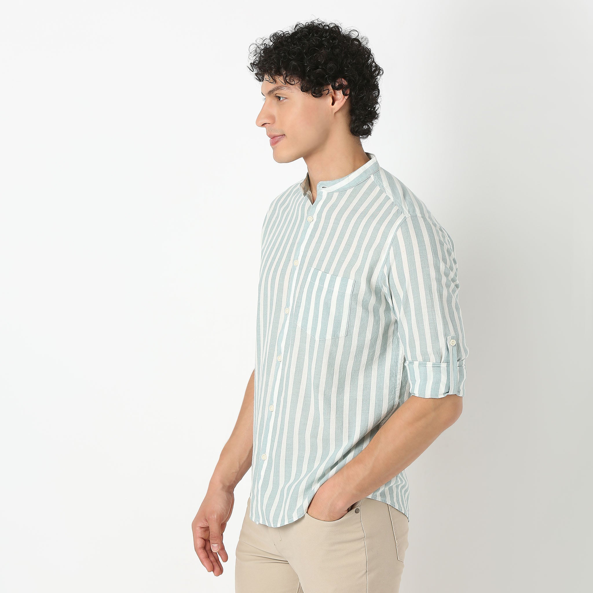 Men's Mandarin Collar Full Sleeve Striped Yarn-Dyed Cotton Shirt | Casual & Formal Wear | Office, Date Night & Special Occasions