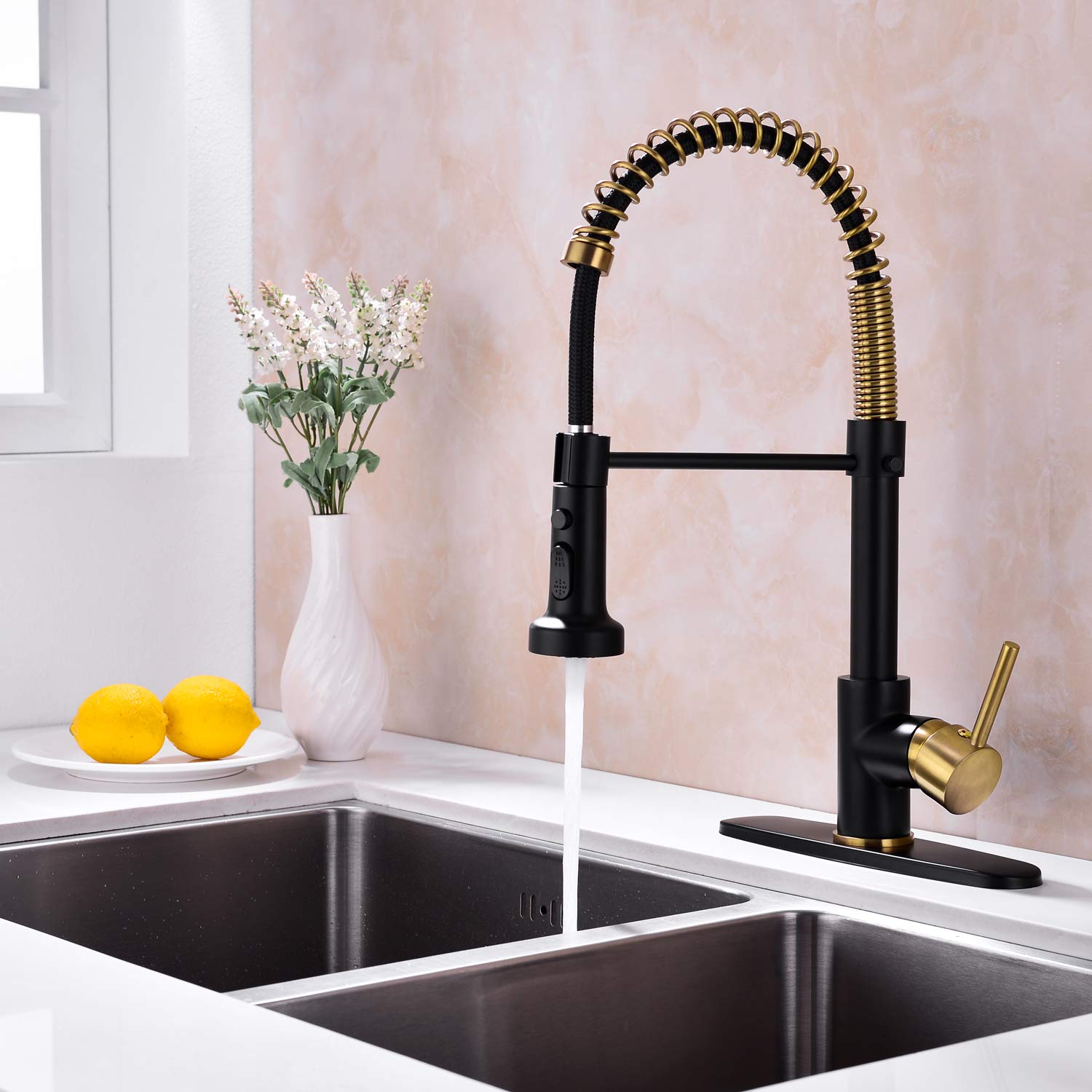 Black and Gold Kitchen Faucet with Pull Down Sprayer - Single Handle Spring Design for RV, Farmhouse & Laundry Sink - High Arc Spout for Easy Washing & Cleaning - Perfect for Modern Kitchens, Campers & Utility Rooms