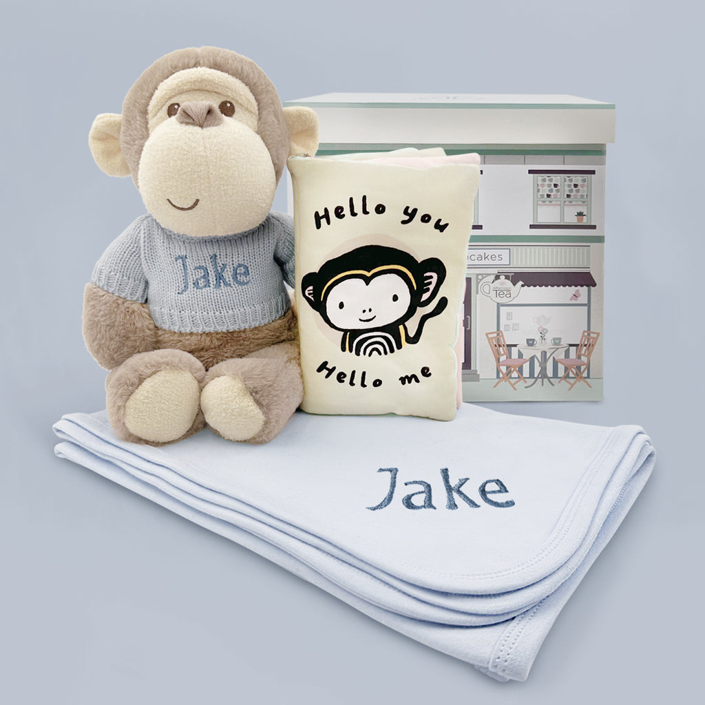 Personalized Morris Monkey Plush Toy with Snuggle Wrap & Storybook - Blue | Cute Baby Shower Gift & Nursery Decor