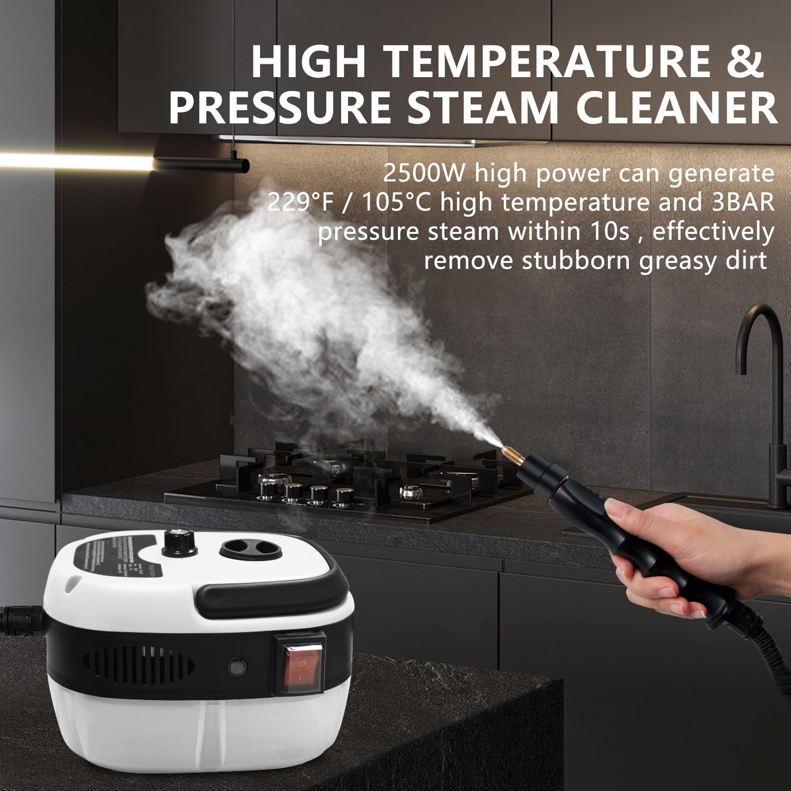 2500W Handheld Steam Cleaner with 3 Brush Heads - Portable Pressurized Steam Cleaner for Home, Car, Kitchen, Bathroom, Furniture & Walls - White - Perfect for Deep Cleaning Floors, Upholstery, Tiles & Grout