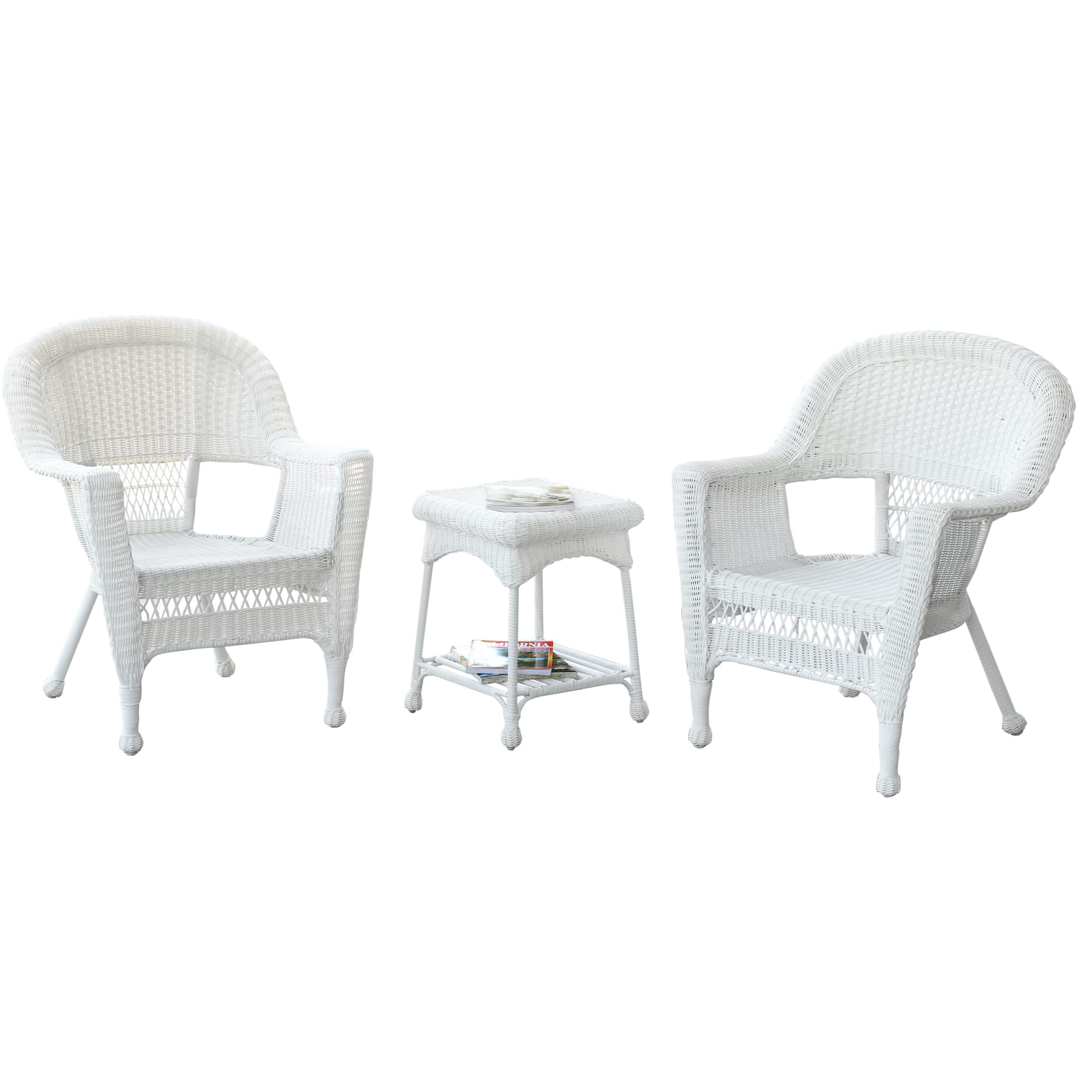 Jeco 3-Piece Wicker Patio Furniture Set - White Rattan Chair & Side Table for Outdoor Garden, Porch or Poolside Relaxation