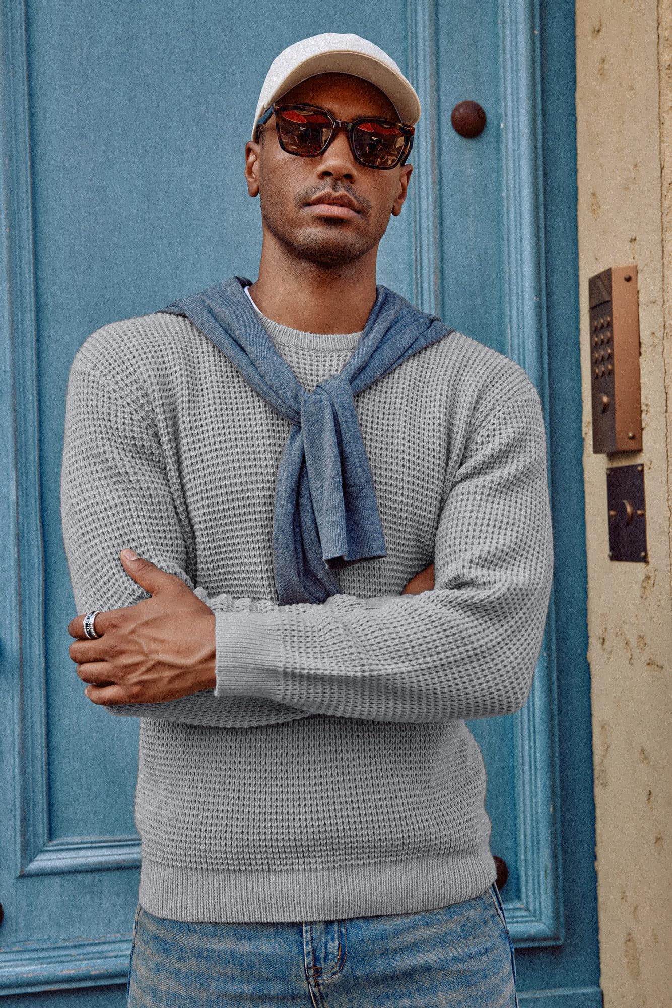 PJ PAUL JONES Men's Waffle Knit Crewneck Sweater - Long Sleeve Textured Pullover for Casual Wear, Office & Fall Outfits