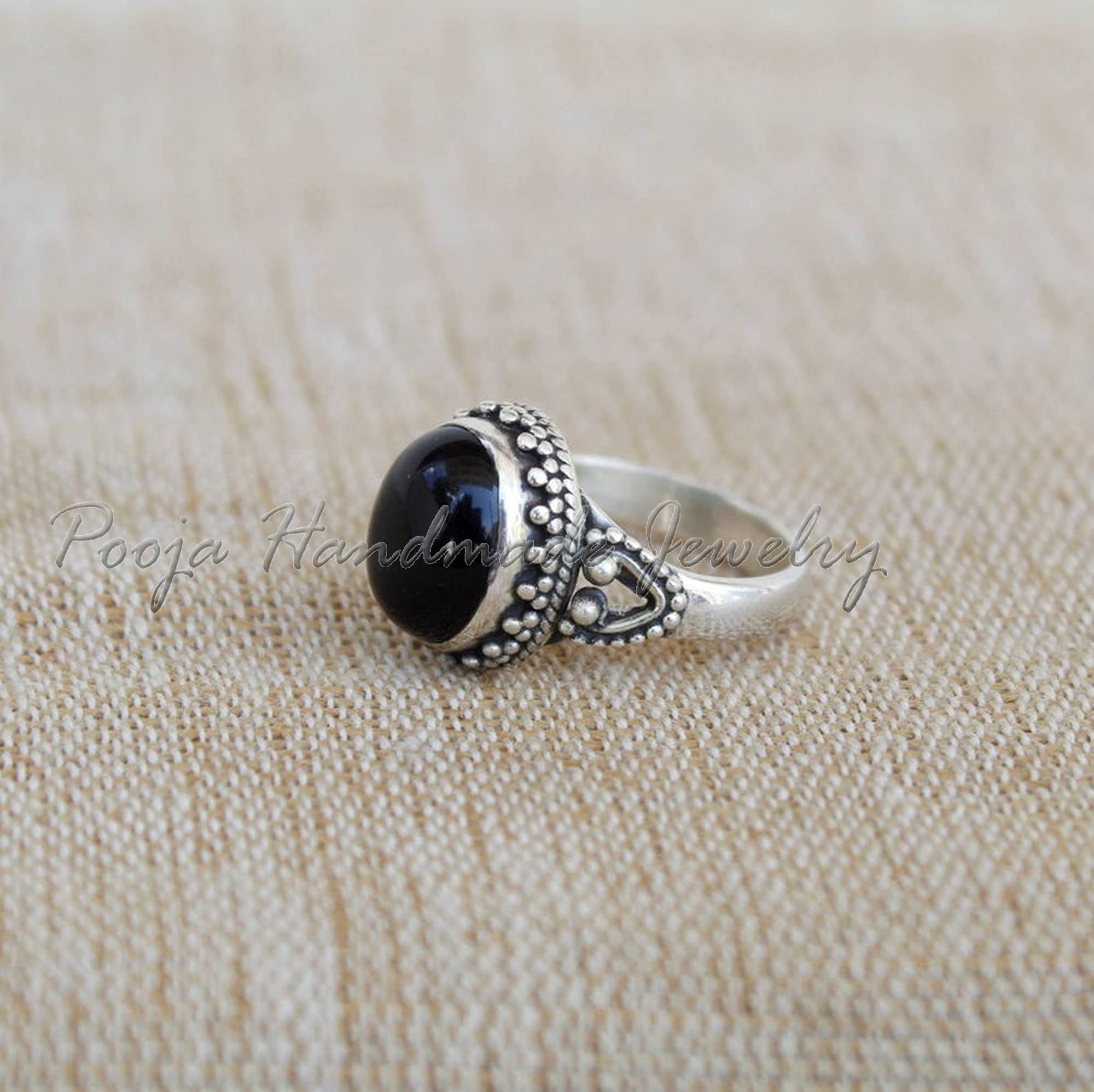 Natural Black Onyx Celtic Design Ring - 925 Sterling Silver Dainty Ring for Women | Proposal, Cocktail & Boho Jewelry | Handmade Gemstone Ring for Weddings, Parties & Everyday Wear
