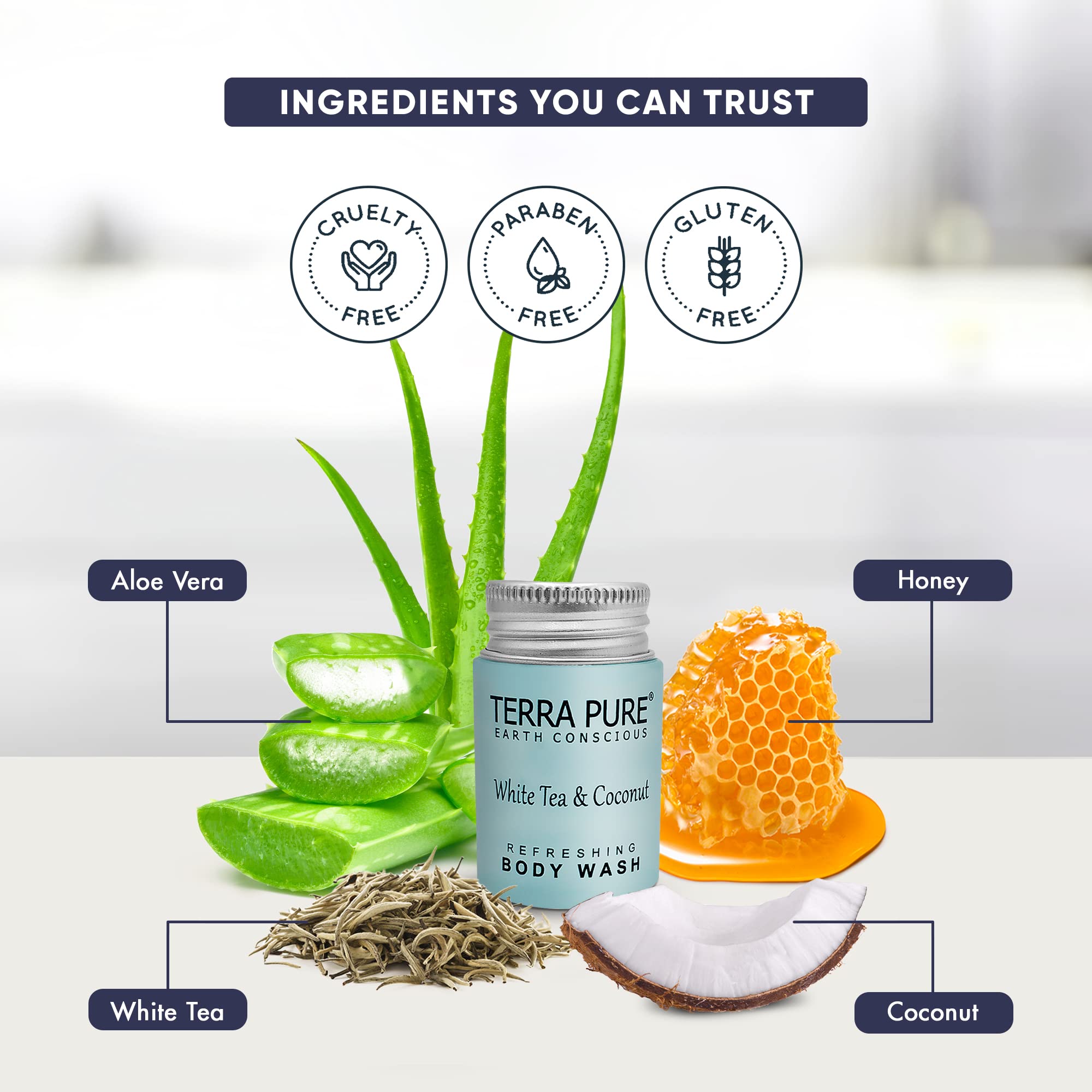Terra Pure White Tea & Coconut Shampoo, Conditioner & Body Wash Travel Size Set - 1 oz Each (Pack of 100) | Hotel Amenities, Travel Toiletries, Gym Essentials & Vacation Must-Haves