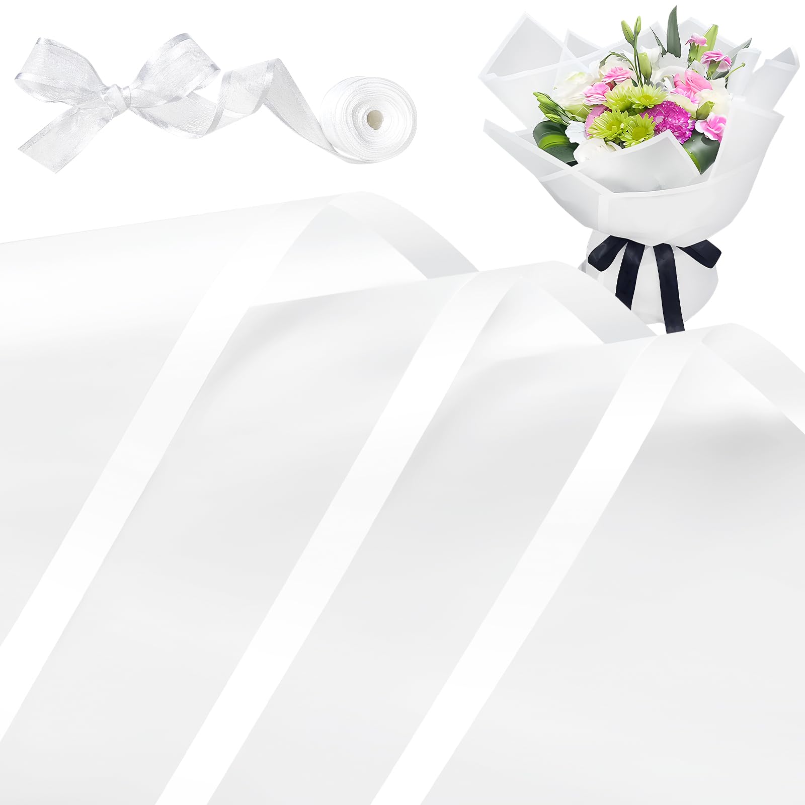 Premium 20-Pack White Floral Wrapping Paper Sheets - Waterproof Bouquet Gift Wrap with Ribbons, 22.8
