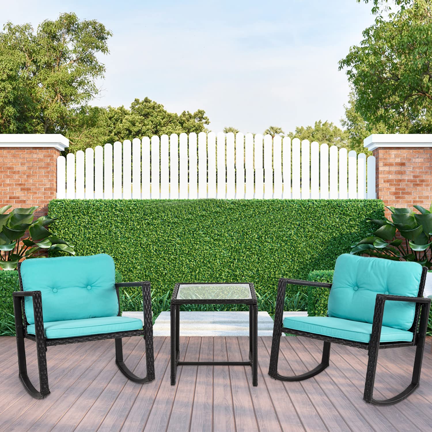 **FDW 3-Piece Rocking Bistro Set - Outdoor Rattan Wicker Conversation Set with Blue Cushions & Glass Coffee Table - Perfect for Balcony, Poolside, Garden, Patio, Porch & Backyard Relaxation**