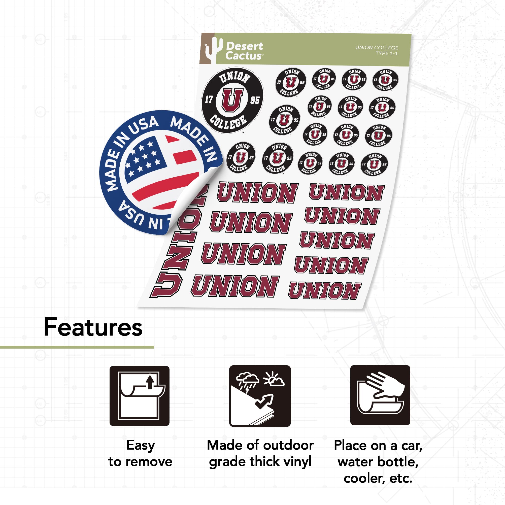 Desert Cactus Union College Dutchmen Vinyl Decals - Waterproof Stickers for Laptop, Water Bottle, Car & Scrapbook | Durable College Pride Decoration for Students & Alumni