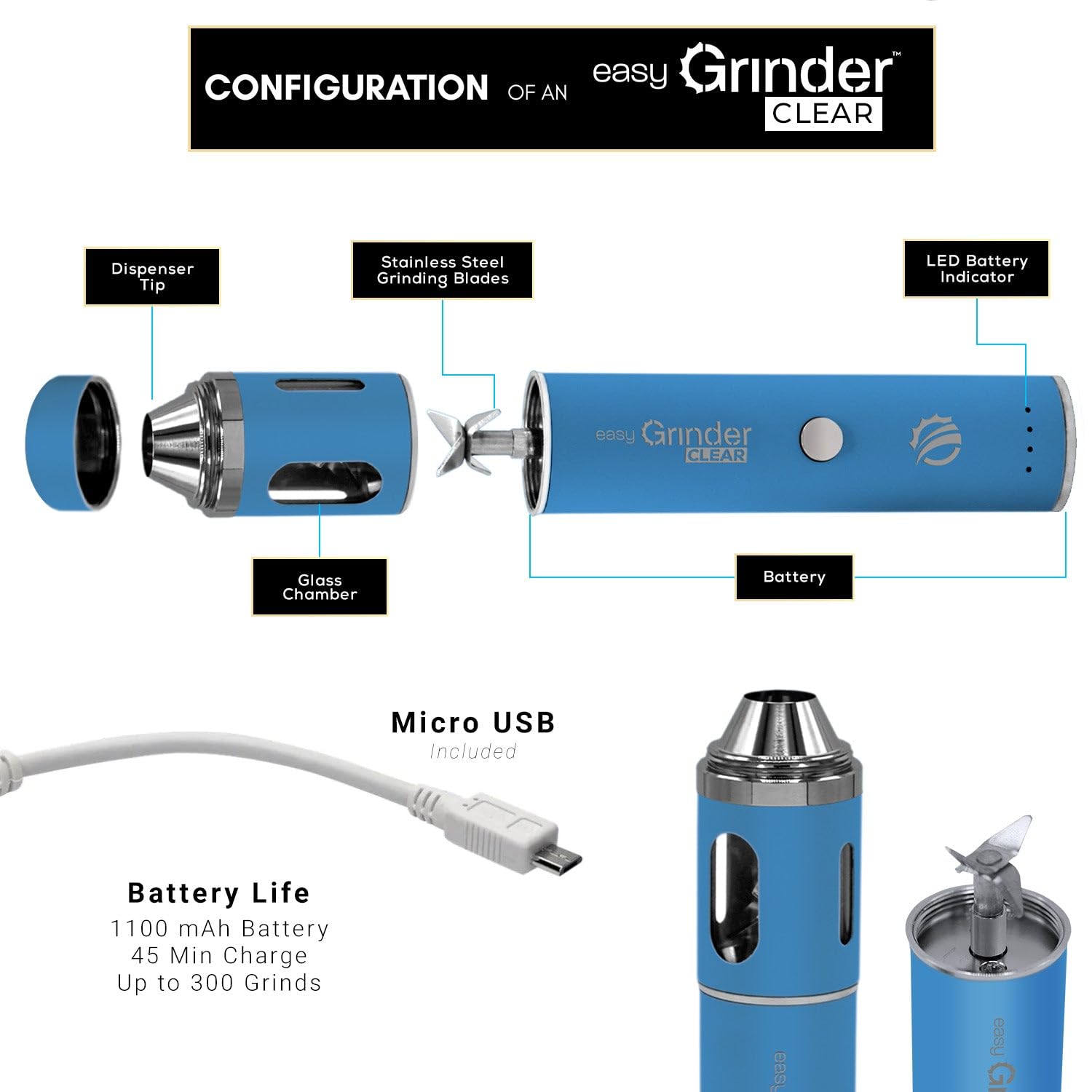 Premium Electric Herb Grinder - Clear Glass with Blue LED Light, Stainless Steel Blades & Pollen Catcher - Perfect for Grinding Coffee Beans, Herbs & Spices - Ideal for Home Kitchen, Camping & Travel Use