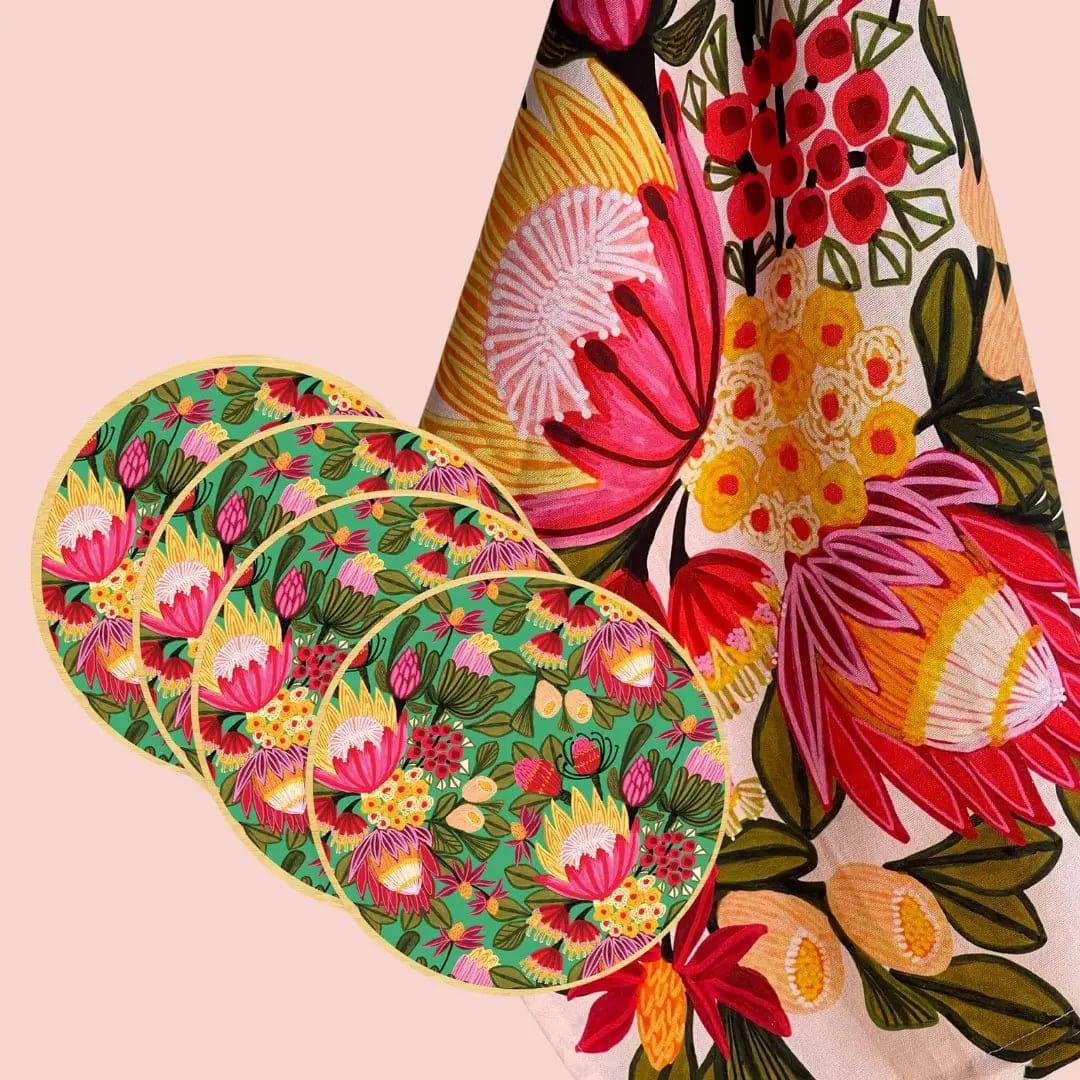 Festive Proteas Tea Towel & Australian Wooden Coaster Gift Set - Perfect for Kitchen Decor, Housewarming Gifts & Holiday Present Ideas