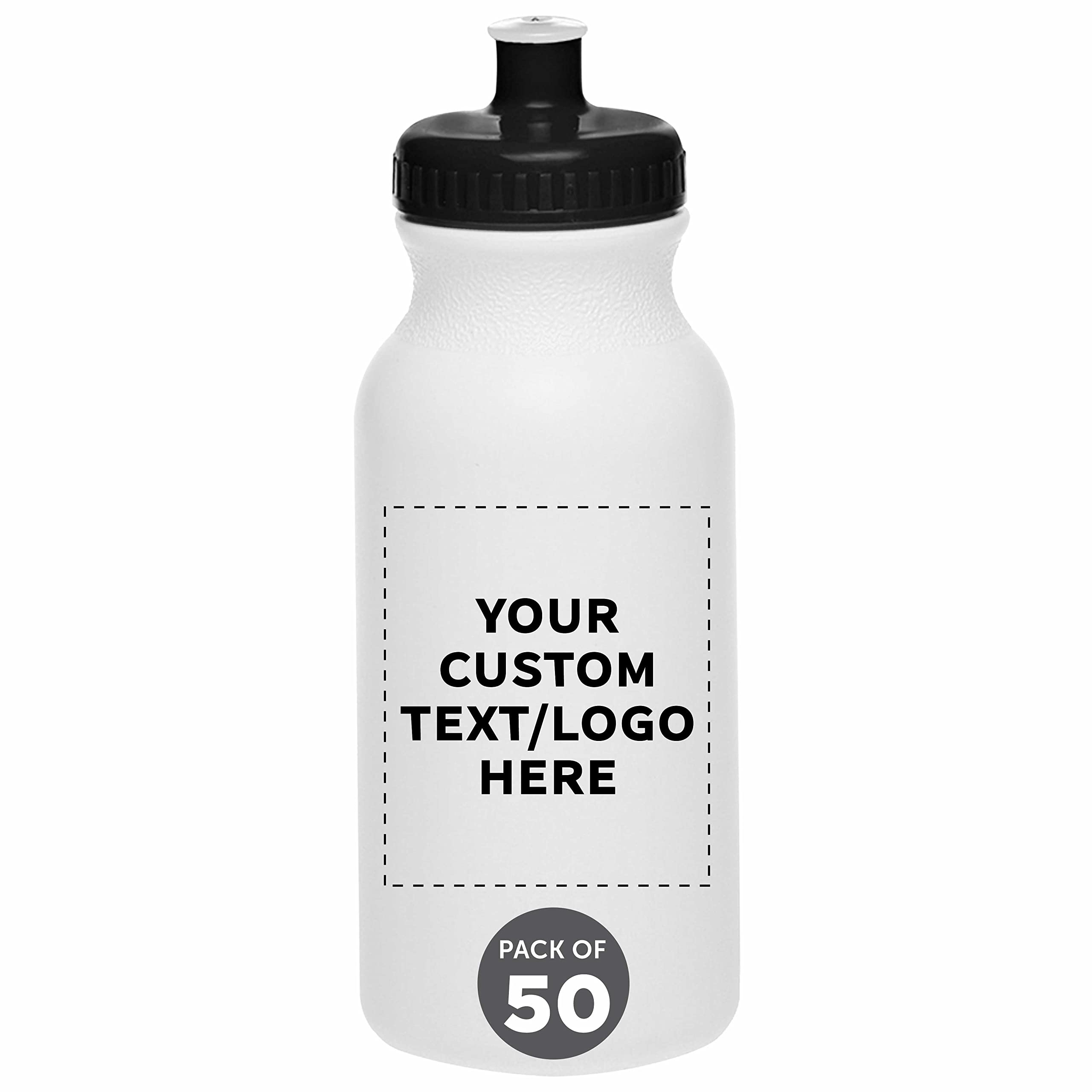 Custom White Water Bottles with Push Cap - 50 Pack, Personalized Text & Logo, 20 oz BPA-Free Reusable Squeeze Bottles in Bulk (White/Black) - Ideal for Promotions, Events, Gyms & Outdoor Activities