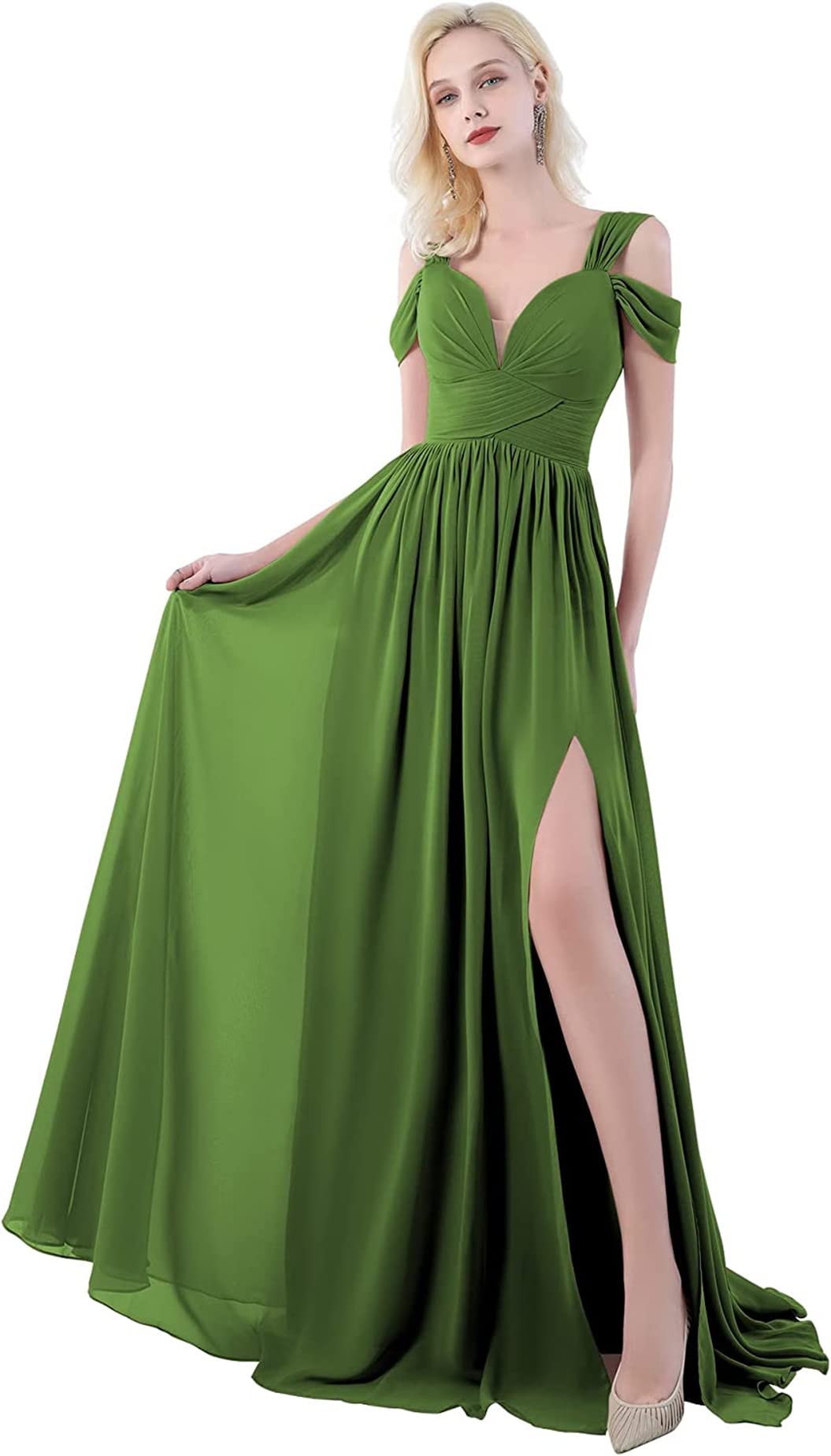 OFEYCHUN Women's Elegant Chiffon Bridesmaid Dress - Long Cold Shoulder A-Line Formal Evening Gown with Thigh Slit | Perfect for Weddings, Prom, Cocktail Parties & Special Occasions