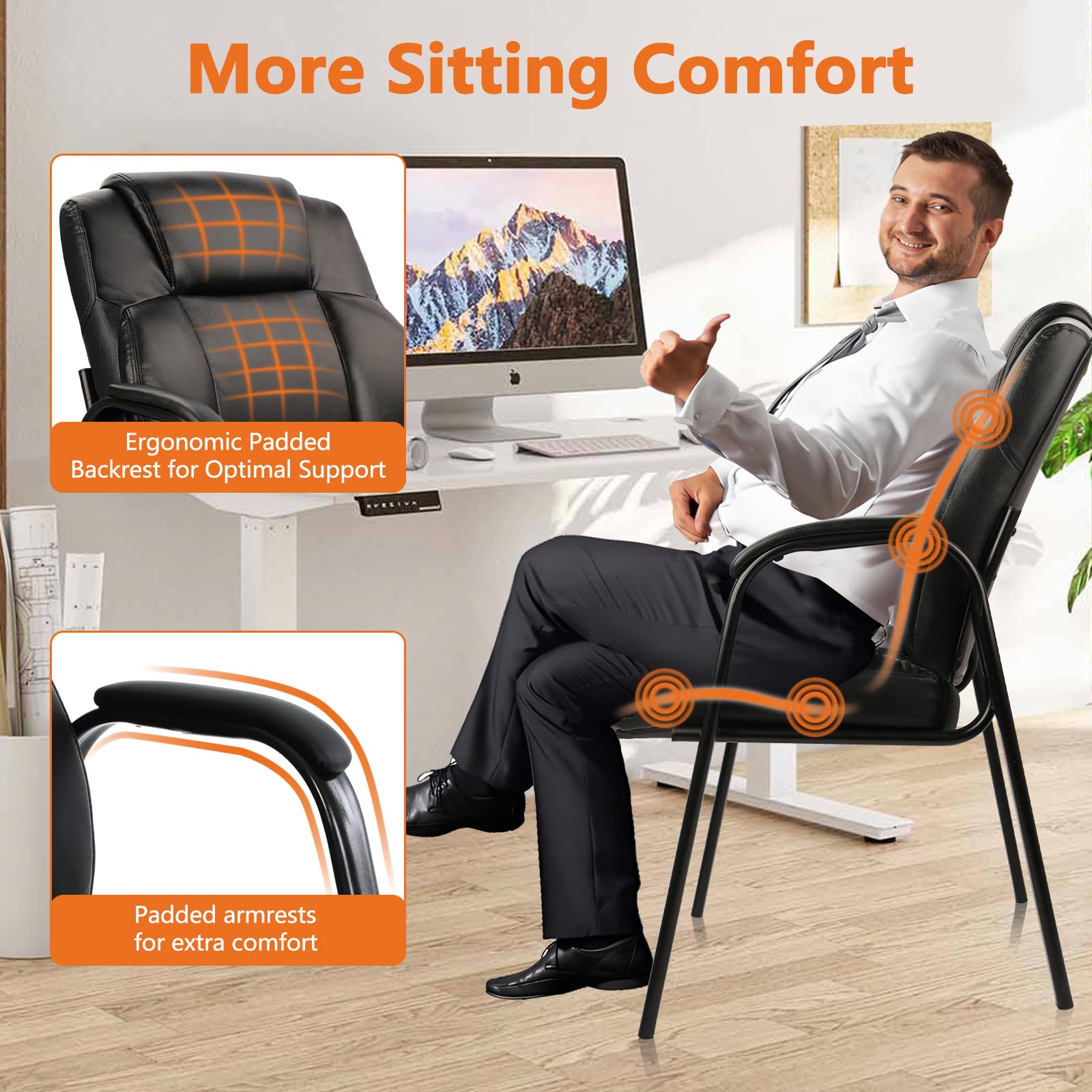 CLATINA 500 LBS Capacity Big & Tall Heavy Duty Guest Chair - Wide Leather Reception Chair with Padded Armrests, No Wheels - Executive Office Desk Chair for Conference, Meeting, Waiting Room & Home Use - Perfect for Corporate Offices, Reception Areas and Home Offices - Black