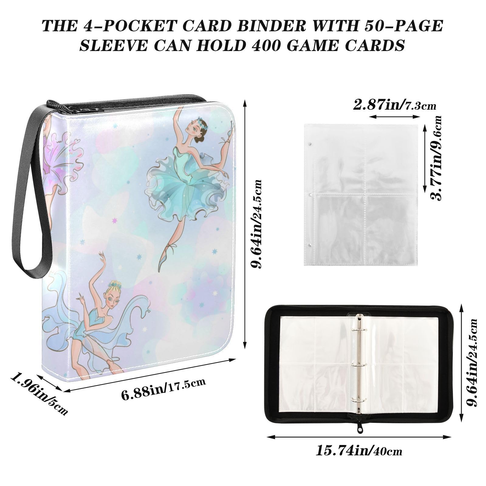 Premium 4-Pocket Ballerinas Trading Card Binder with 50 Removable Sleeves - 3-Ring Card Album Holds 400+ Sports/TCG/MTG Cards - Durable Card Organizer for Collectors & Gamers (Perfect for Tournaments, Storage & Display)