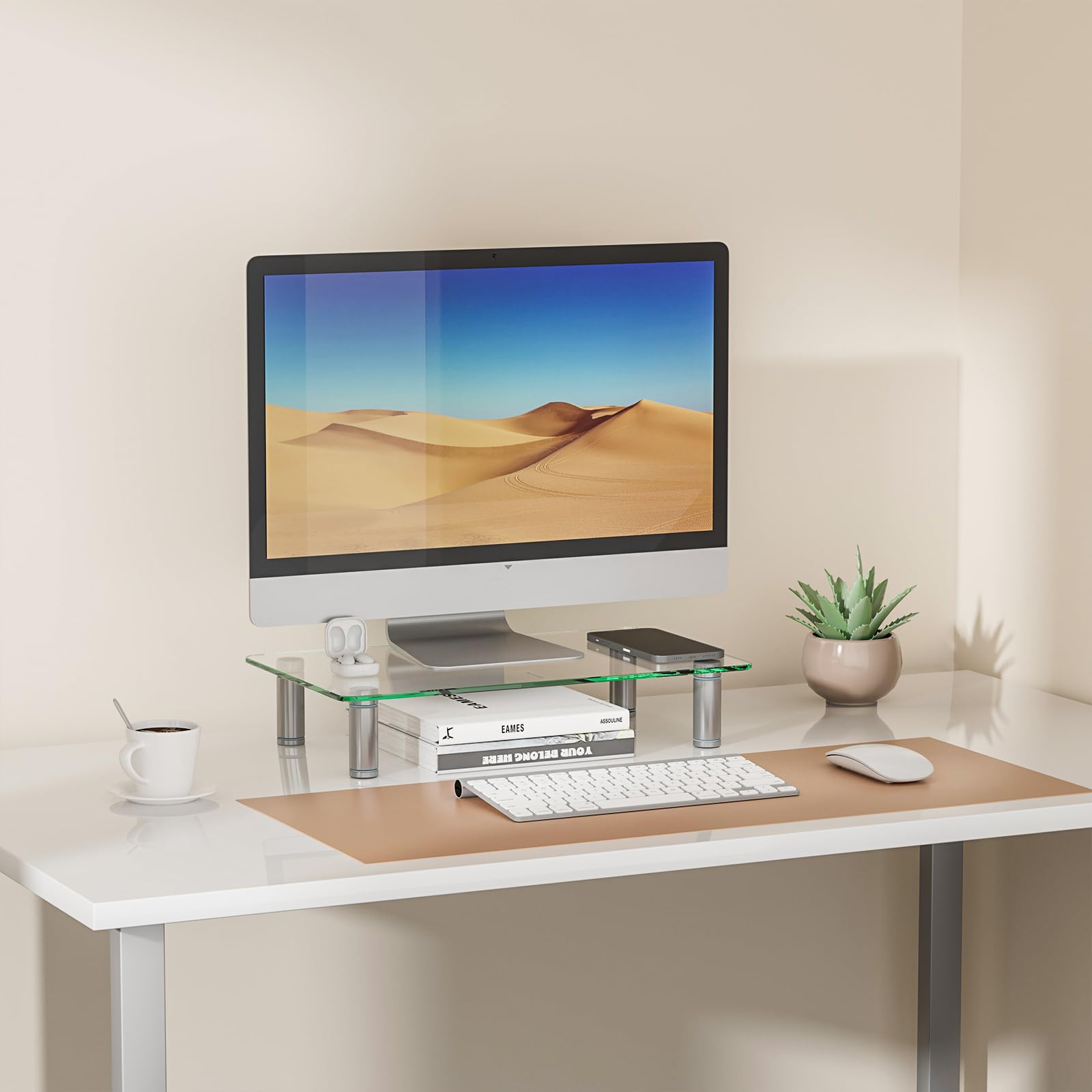 WALI Clear Glass Monitor Stand Riser for Desk - Height Adjustable Computer Monitor Stand for Laptop, TV & PC Screen (16x10 Inch) - Perfect for Home Office, Gaming Setup & Workspace Organization (GTT001)