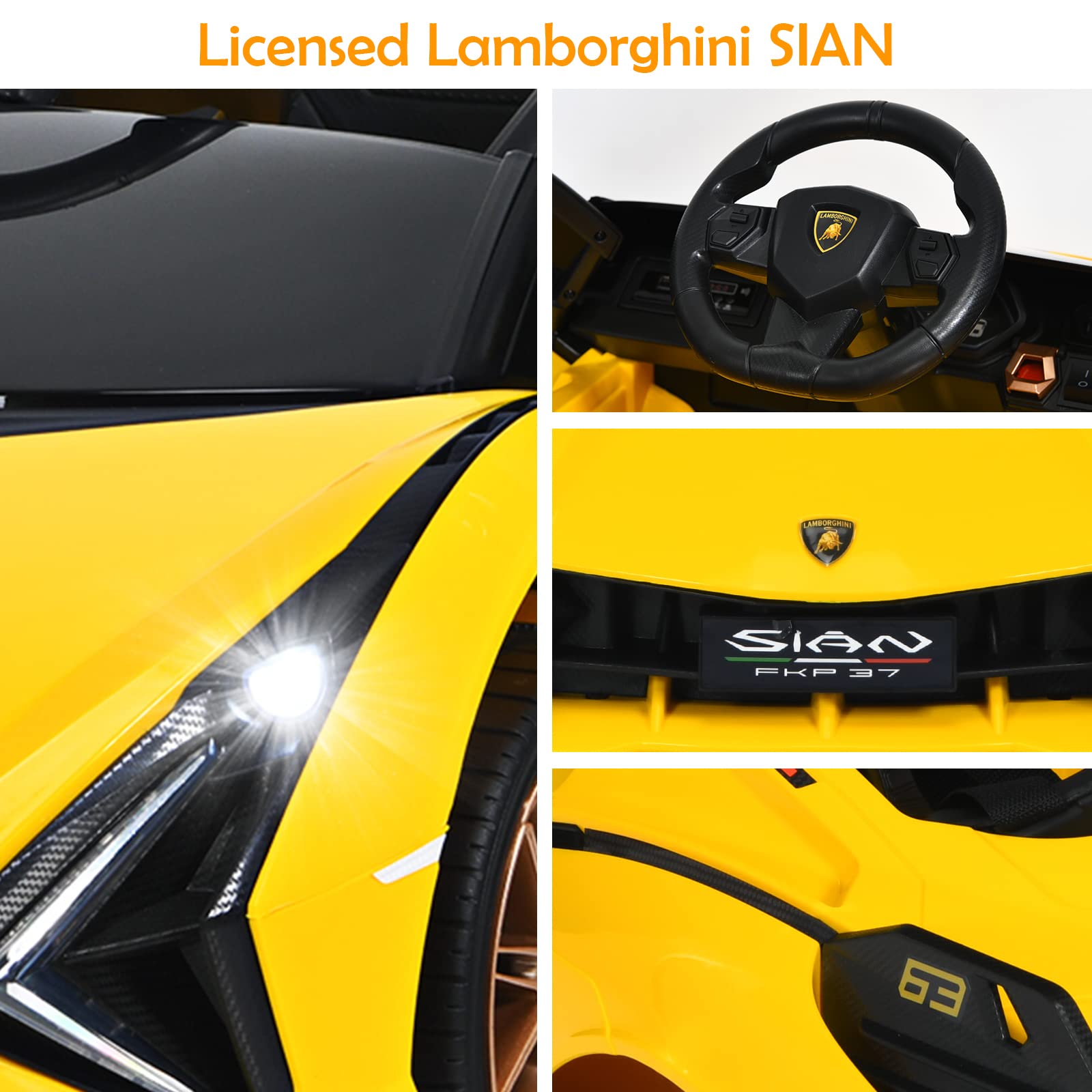 OLAKIDS Licensed Lamborghini SIAN 12V Electric Ride On Car for Kids - Remote Control, 2 Speed, LED Lights, Bluetooth & Music - Battery Powered Toy Vehicle for Toddlers (Yellow) - Perfect for Birthday Gifts, Outdoor Play & Indoor Fun