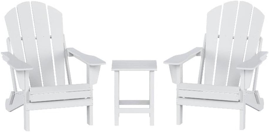 Premium Folding Adirondack Chair Set of 2 with Side Table - All-Weather Durable Plastic Outdoor Furniture for Patio, Porch, Backyard, Camping & Fire Pit - Comfortable Seating Supports 300 lbs - White - Perfect for Relaxing, Entertaining & Outdoor Gatherings