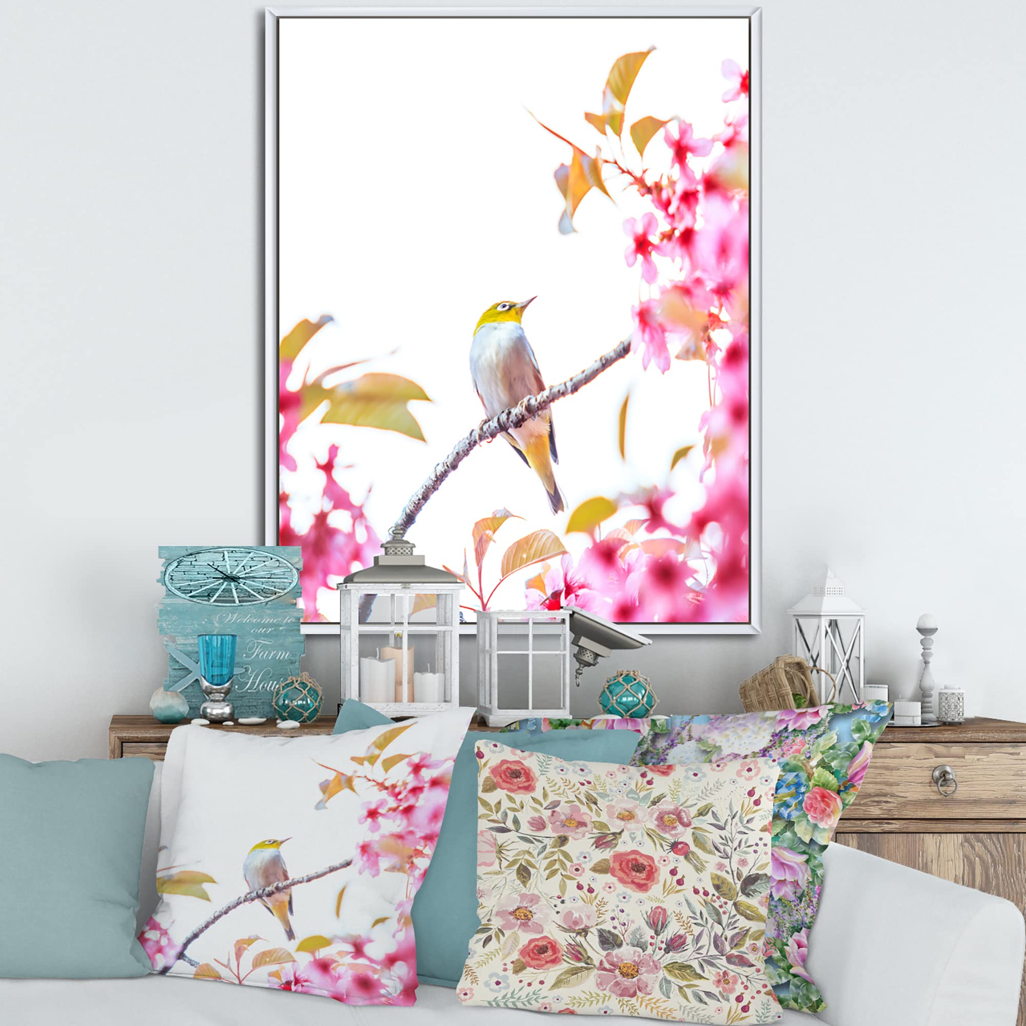 Bird on Cherry Blossom - Traditional Japanese Framed Canvas Wall Art Print - Perfect for Living Room, Bedroom & Office Decor