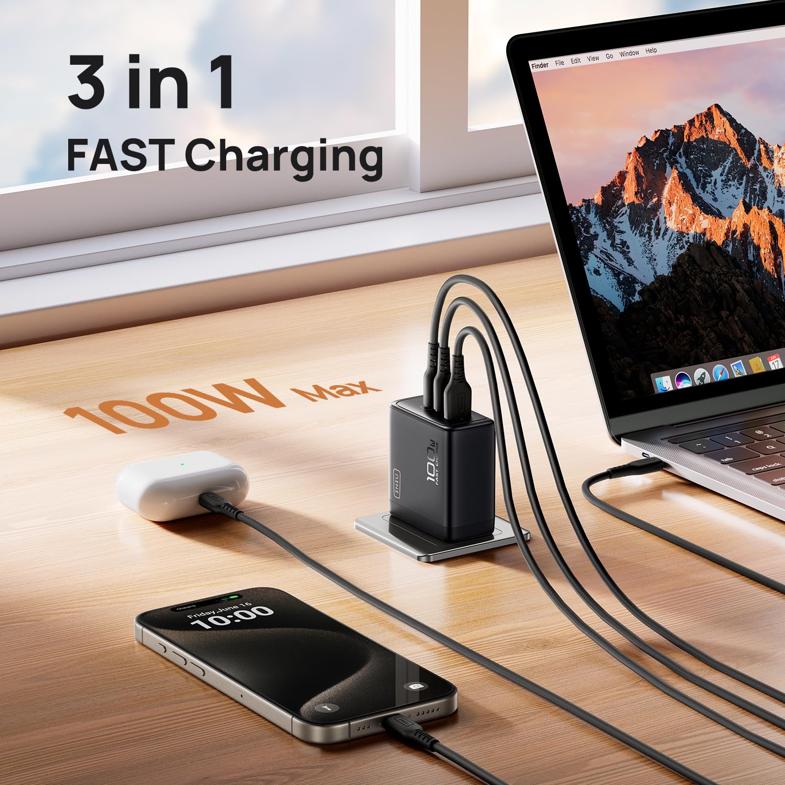 INIU 100W USB C GaN Fast Charger, 3-Port Compact Foldable Wall Charger for MacBook Pro/Air, iPad Pro, iPhone 15/Pro, Galaxy S23 - Perfect for Travel, Office & Home Charging Multiple Devices Simultaneously