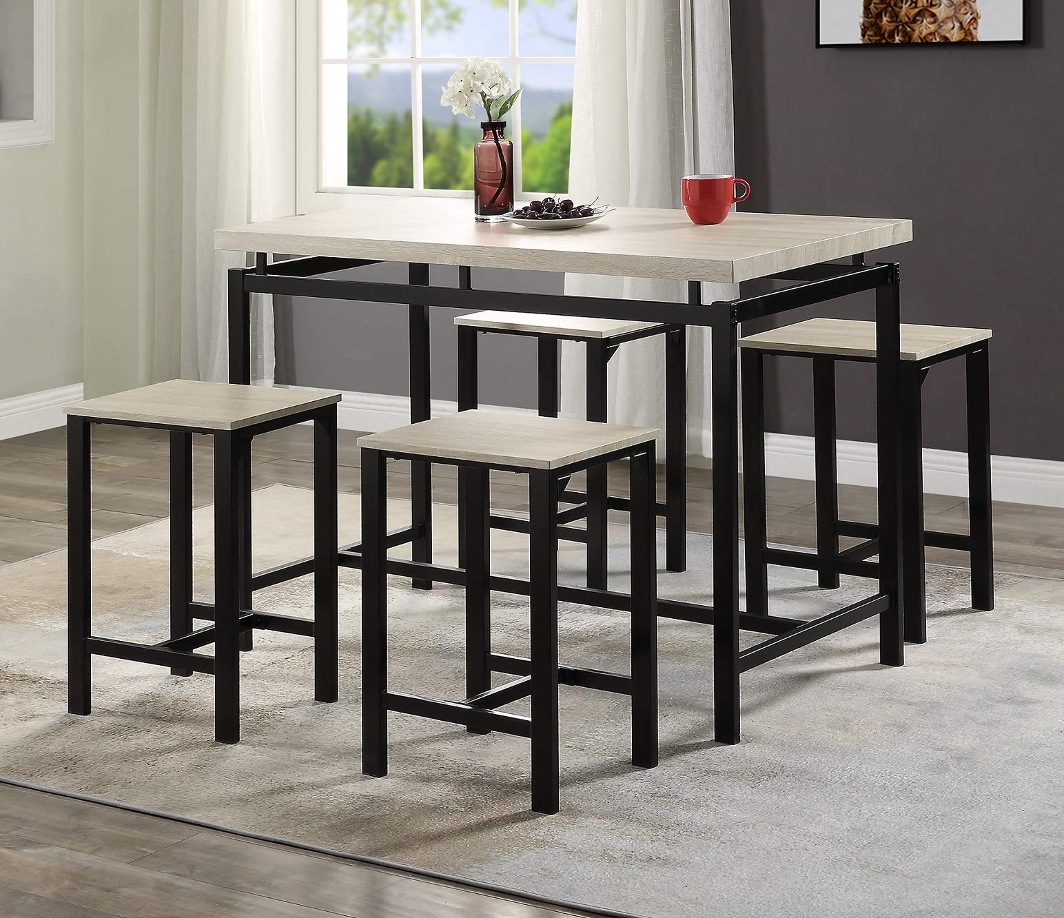 Rhomtree 5-Piece Counter Height Dining Set - Beige Wood Top Kitchen Table & 4 Chairs with Metal Legs for Breakfast Nook, Bar, Pub, or Small Space Dining