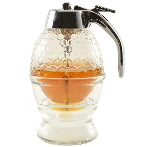 Premium Honey Dispenser with Drip-Free Spout - Perfect for Tea, Coffee, Baking & Breakfast - BPA-Free Glass Bottle with Wooden Stand