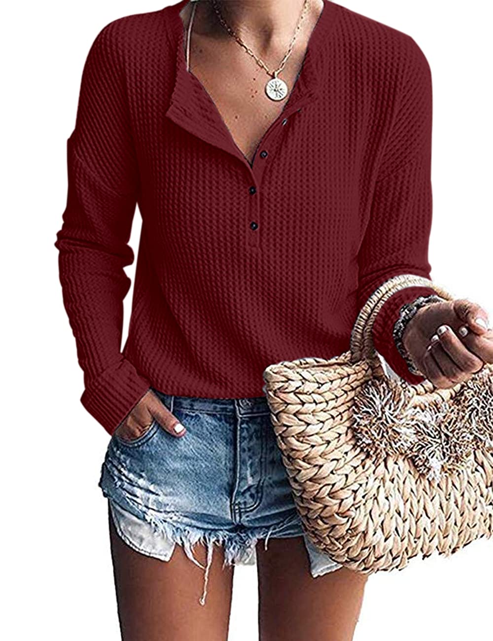 WNEEDU Women's Waffle Knit Tunic Top - Loose Fit Long Sleeve Button Up V-Neck Henley Shirt for Casual Wear & Layering | Perfect for Fall & Winter Outfits