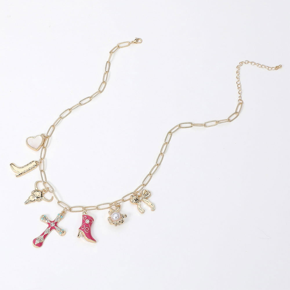 Pink Cowboy Boot Charm Necklace with Metal Steer Head, Bow & Pearl Heart - Western Style Jewelry for Women - Perfect for Country Concerts, Rodeos & Cowgirl Fashion