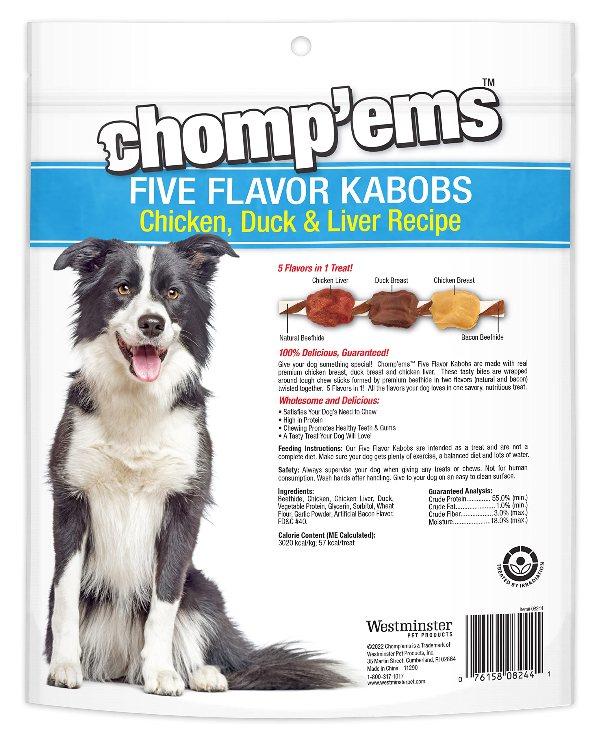 CHOMP 'EMS Five Flavor Kabobs Dog Treats - Beefhide Chewsticks for Dogs - High Protein Dental Chews, 24 Count - Perfect for Training, Teething Puppies & Aggressive Chewers