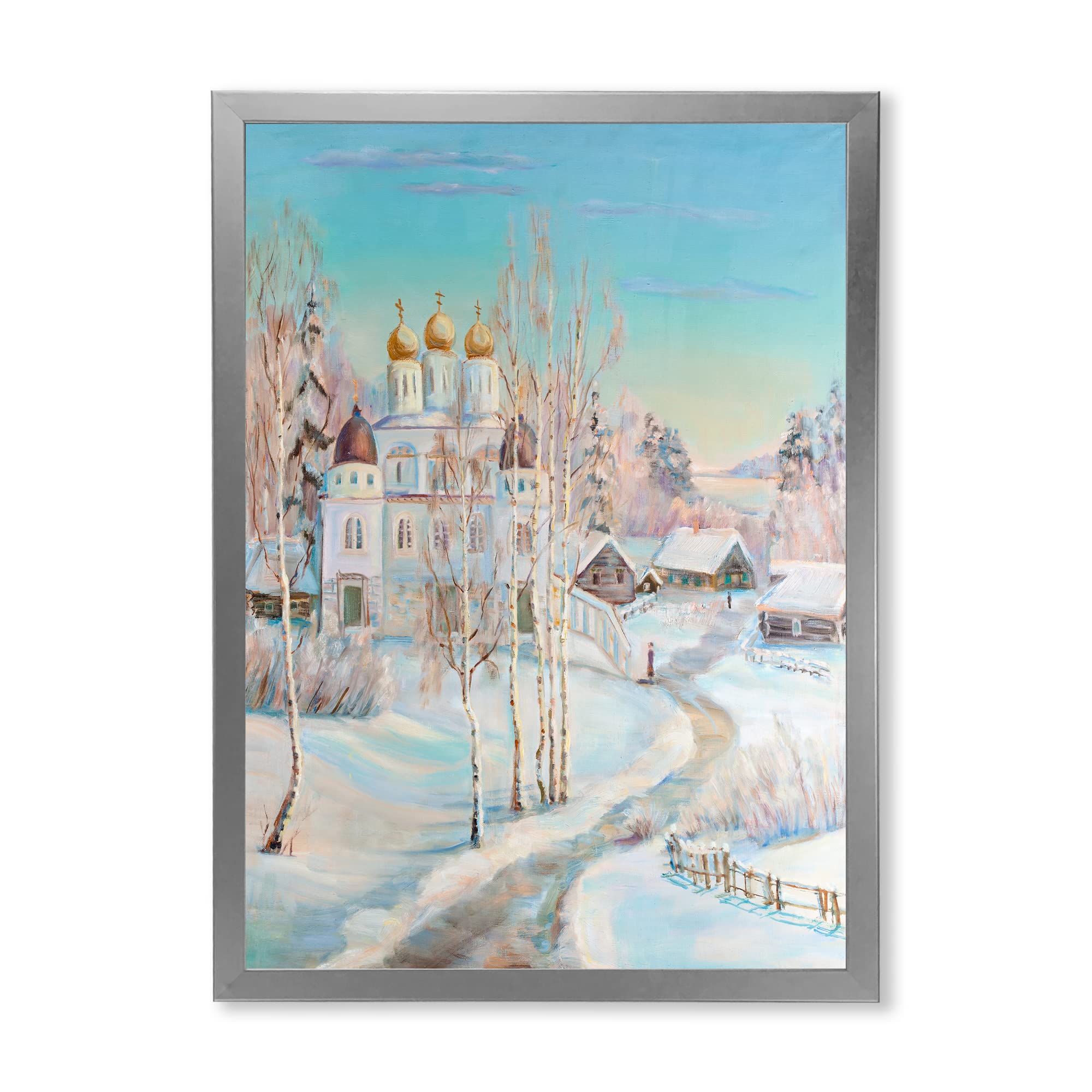 DesignQ Country Road in Winter Landscape with Temple - Traditional Framed Wall Art for Living Room, Bedroom & Office Decor | Vintage Asian-Inspired Home Decoration
