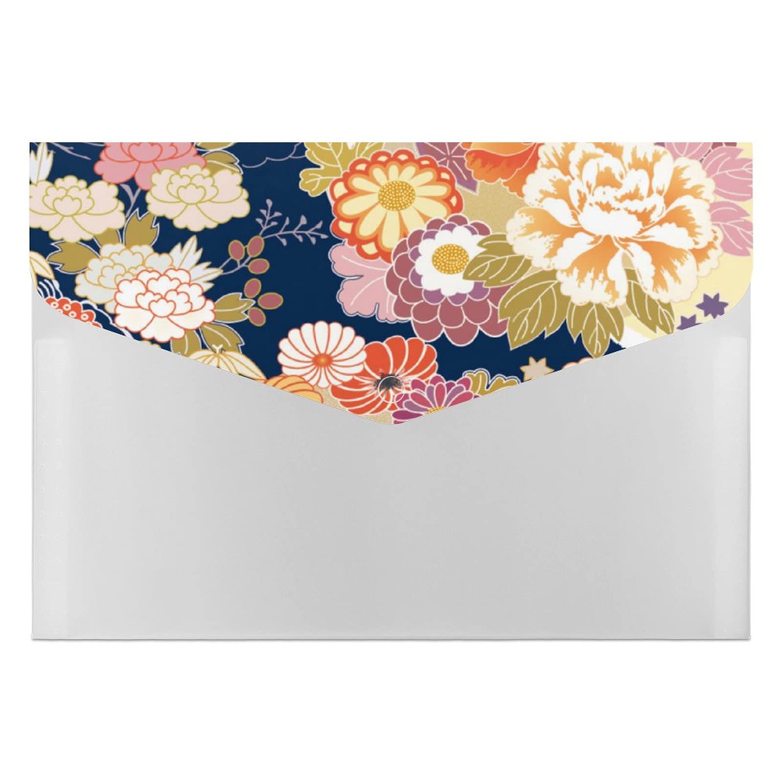 Traditional Japanese Kimono Flower Pattern A4 File Folders - Durable PP Plastic Document Organizer with 6 Pockets & Snap Button Closure - Perfect for Home, Office & School Organization (File Storage, Paper Management, Stationery Supplies)