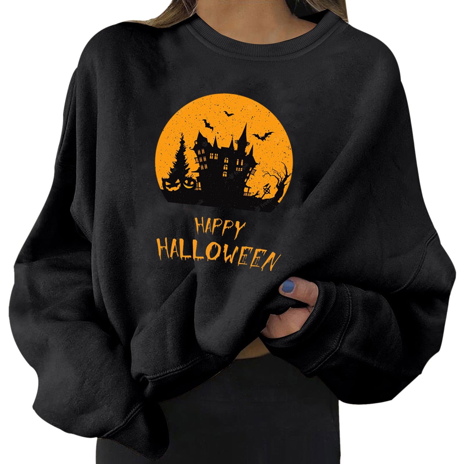 Women's Happy Halloween Sweatshirt - Long Sleeve Loose Fit Pumpkin Face Printed Crewneck Tunic Blouse - Perfect for Halloween Parties, Trick or Treating & Fall Festivals