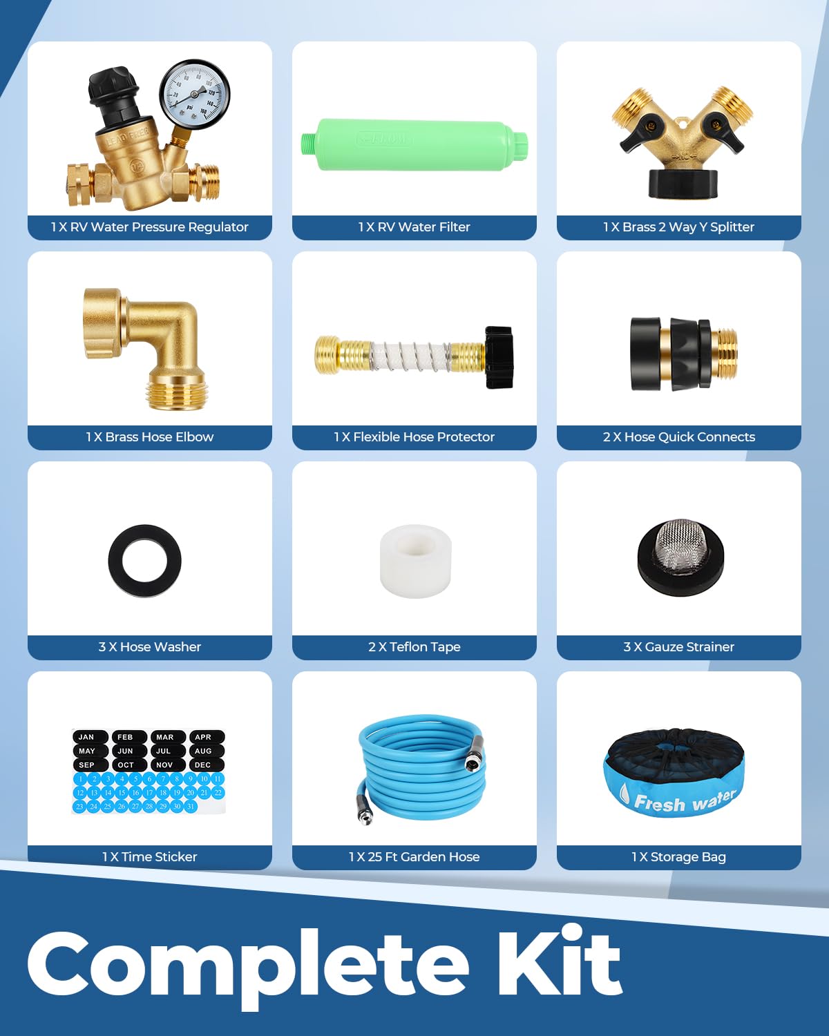 **RV & Camper Fresh Water Kit – Complete RV Water Filtration System with Flexible Hose Protector, Brass Elbow, Teflon Tape, Pressure Regulator, 2-Way Y Splitter, Toolbox, 25ft Garden Hose & Quick Connects – Perfect for RV Camping, Boondocking & Outdoor Adventures**
