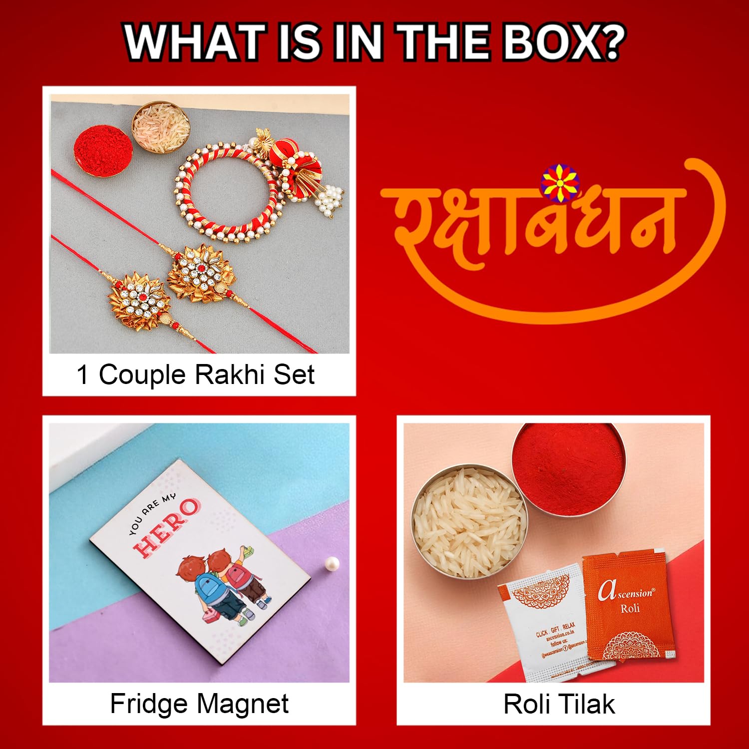 Premium Ascension Lumba Rakhi Set for Brother & Sister-in-Law - Designer Rakhi with Chuda Kada & 'You Are My Hero' Fridge Magnet Gift Set - Perfect for Raksha Bandhan Celebrations & Sibling Bonding Moments