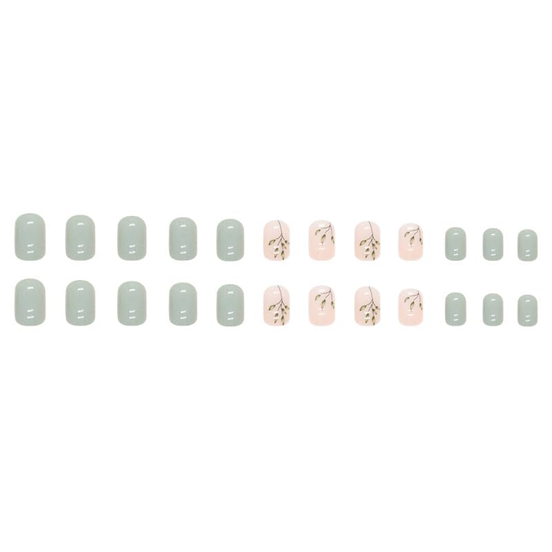 24 PCS Green Leaf Press on Nails - Short Square Glossy Fake Nails with Pink Acrylic & Leaf Designs - Reusable Full Cover False Nails for Women & Girls - Perfect for Manicure, Parties, Weddings & Daily Wear