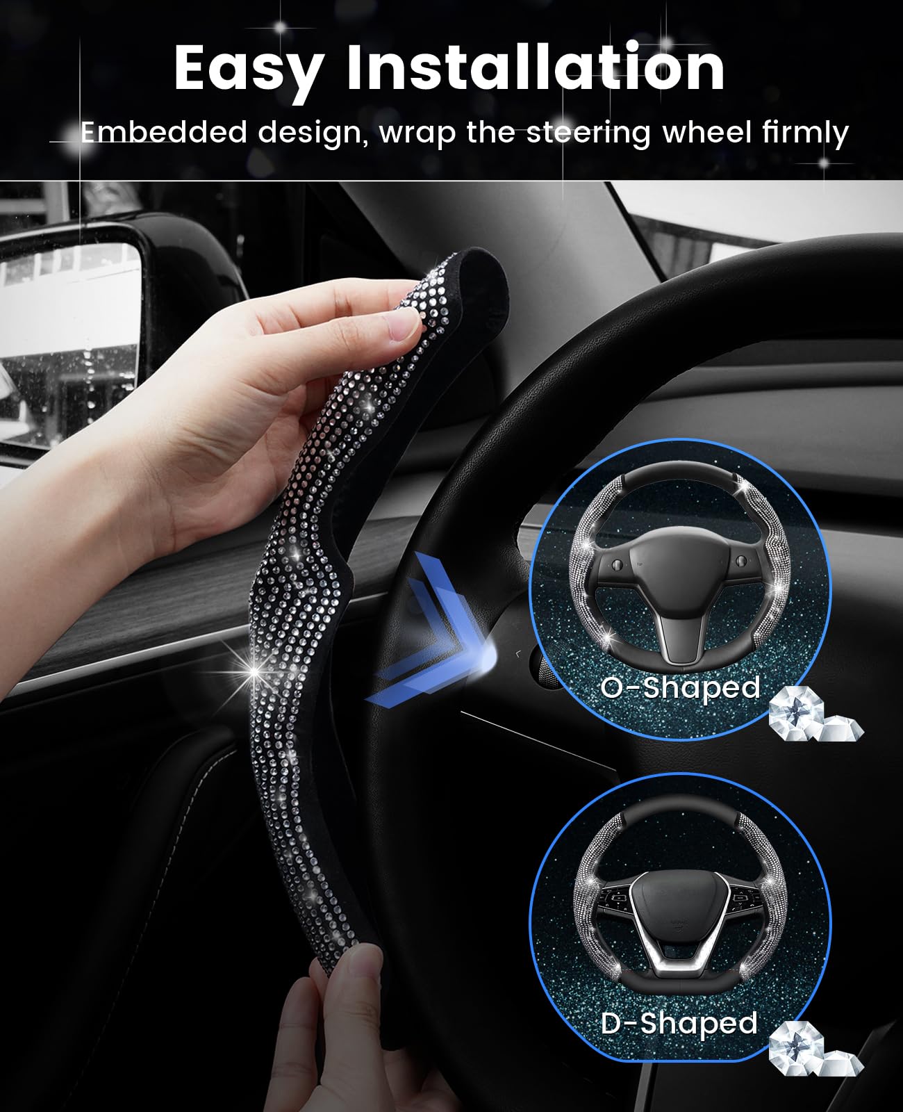 Luxury Diamond Rhinestone Steering Wheel Cover for Tesla Model 3 (2017-2023) & Model Y (2020-2023) - 2PCS Non-Slip Sparkling Car Accessories | Perfect for Women's Gift, Date Night & Luxury Driving Experience
