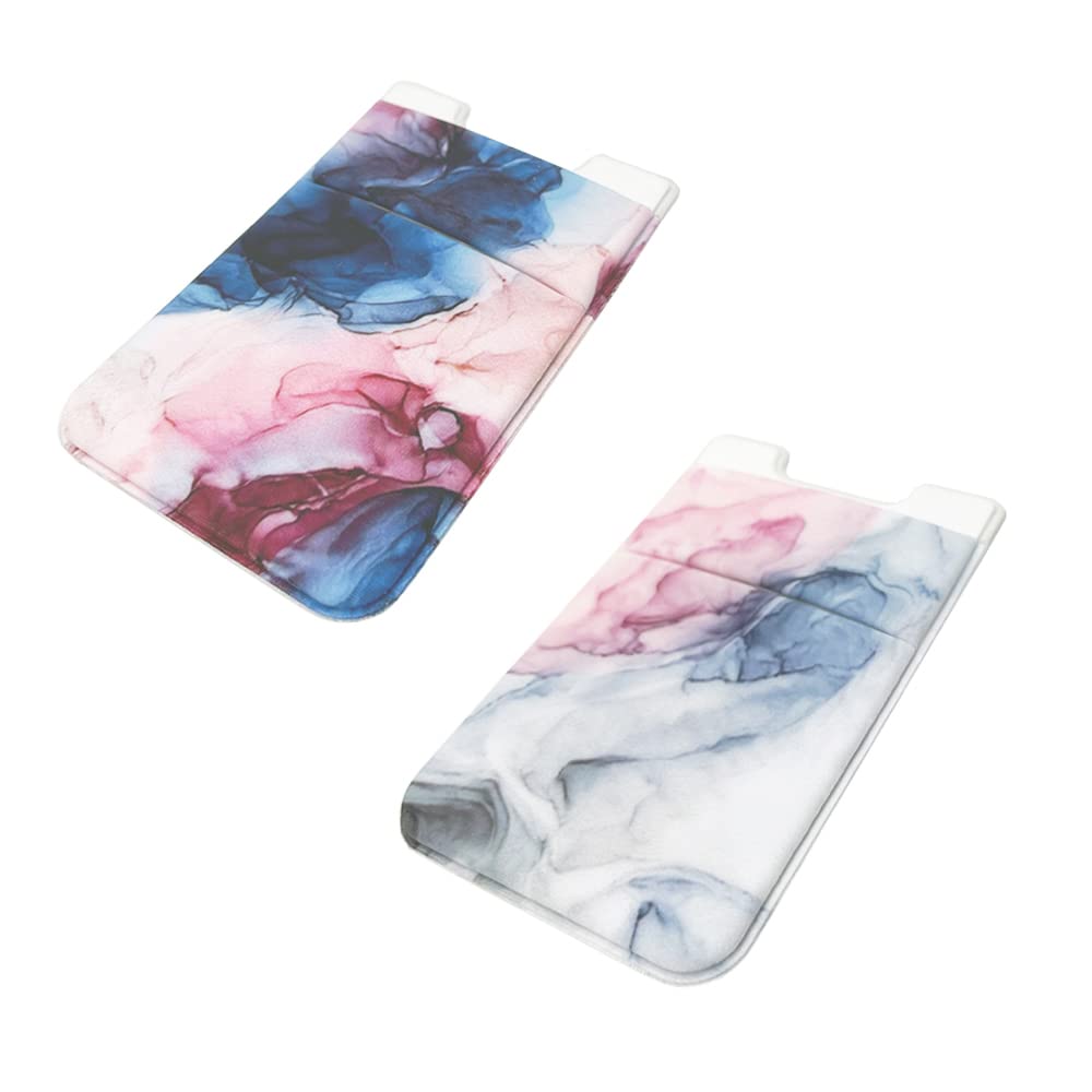 2 Pack Stretchy Lycra Phone Card Holder - Slim Wallet Pocket for Credit Cards, ID & Cash with 3M Adhesive Sticker - Compatible with iPhone, Samsung Galaxy & Android Smartphones (Pink Grey Marble) - Perfect for Travel, Gym & Everyday Use