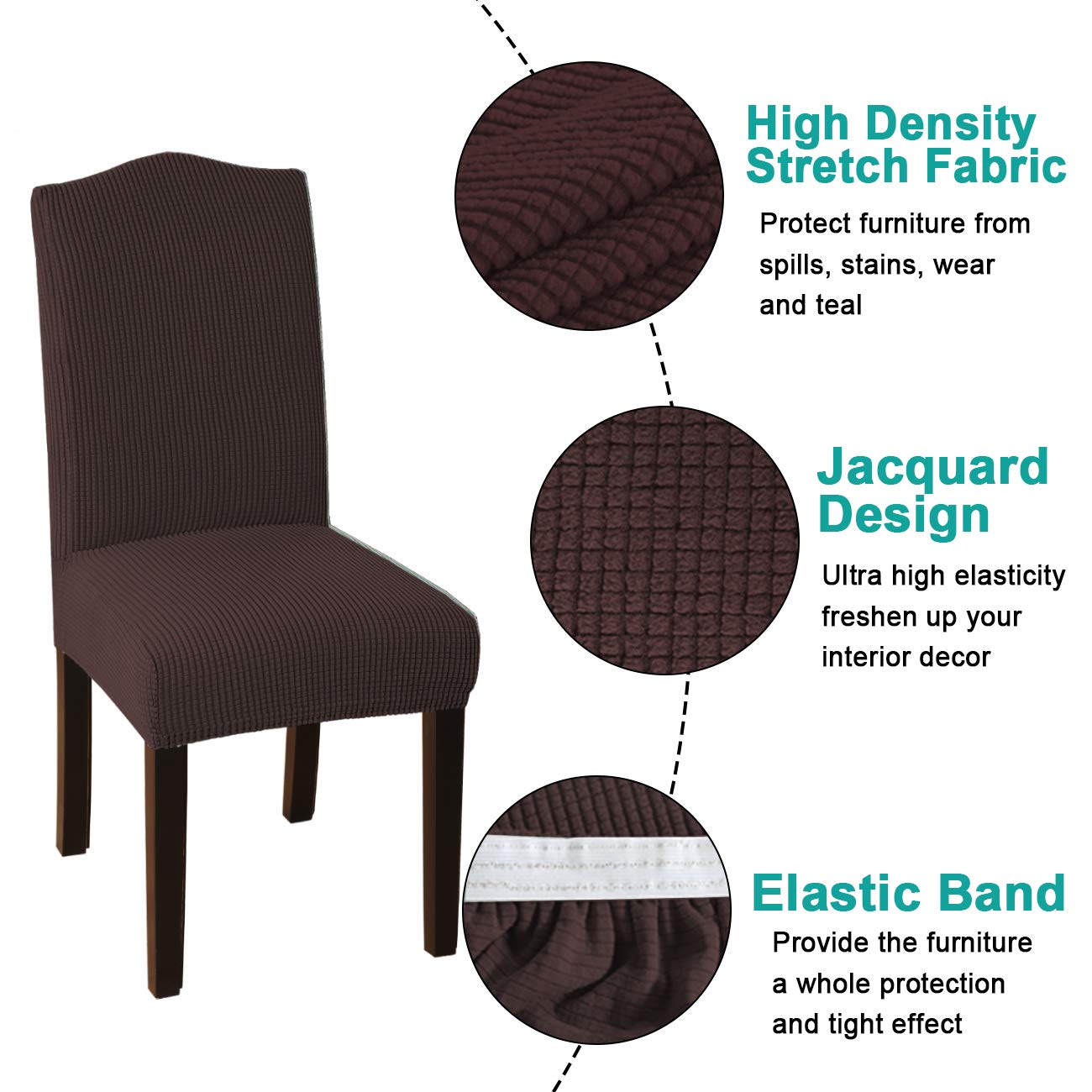 Stretch Jacquard Turquoise Dining Chair Covers Set of 4 - Washable Parson Kitchen Chair Slipcovers for Home, Restaurant & Banquet - Perfect for Everyday Use, Dinner Parties & Special Events (Brown)