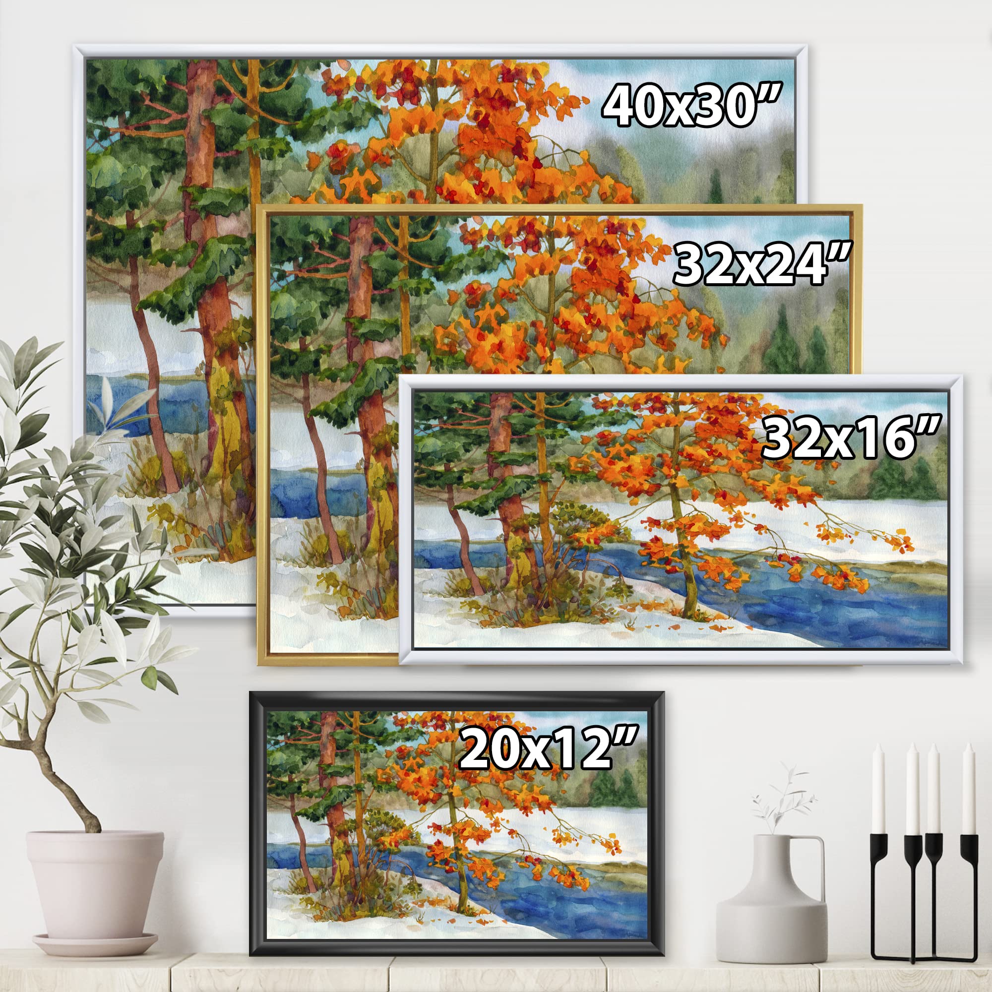 DesignQ Stream In The Winter Forest I - Lake House Framed Canvas Wall Art Print | Nature Landscape Painting for Living Room, Bedroom & Office Decor | Perfect Gift for Home & Holiday