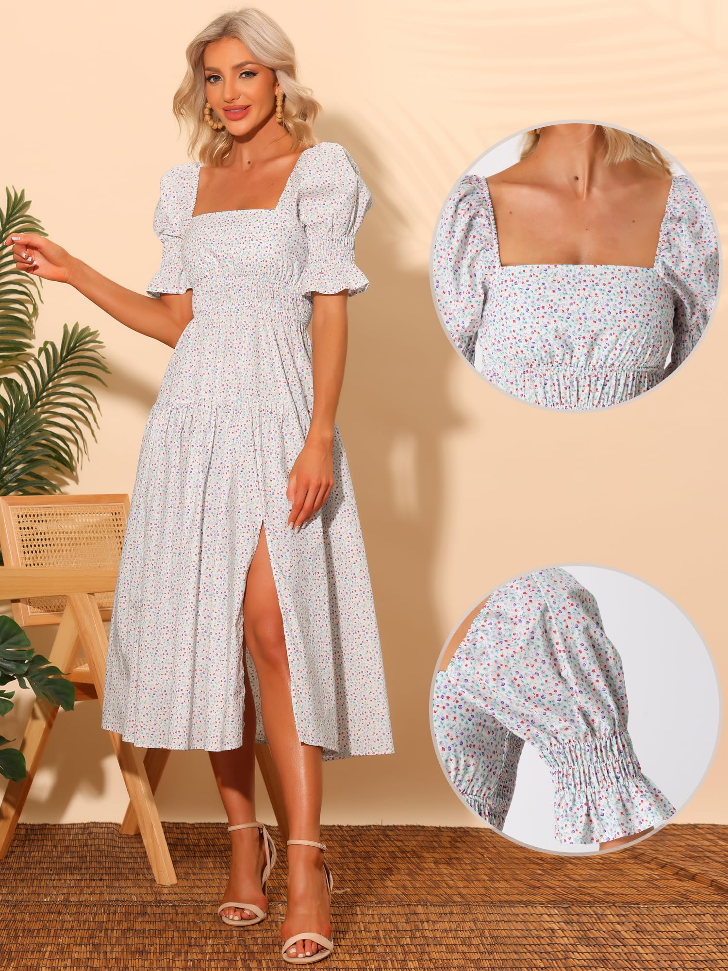 Allegra K Women's Floral Peasant Dress - Square Neck, Short Puff Sleeve, Smocked Waist | Perfect for Summer, Beach, Vacation & Casual Outings