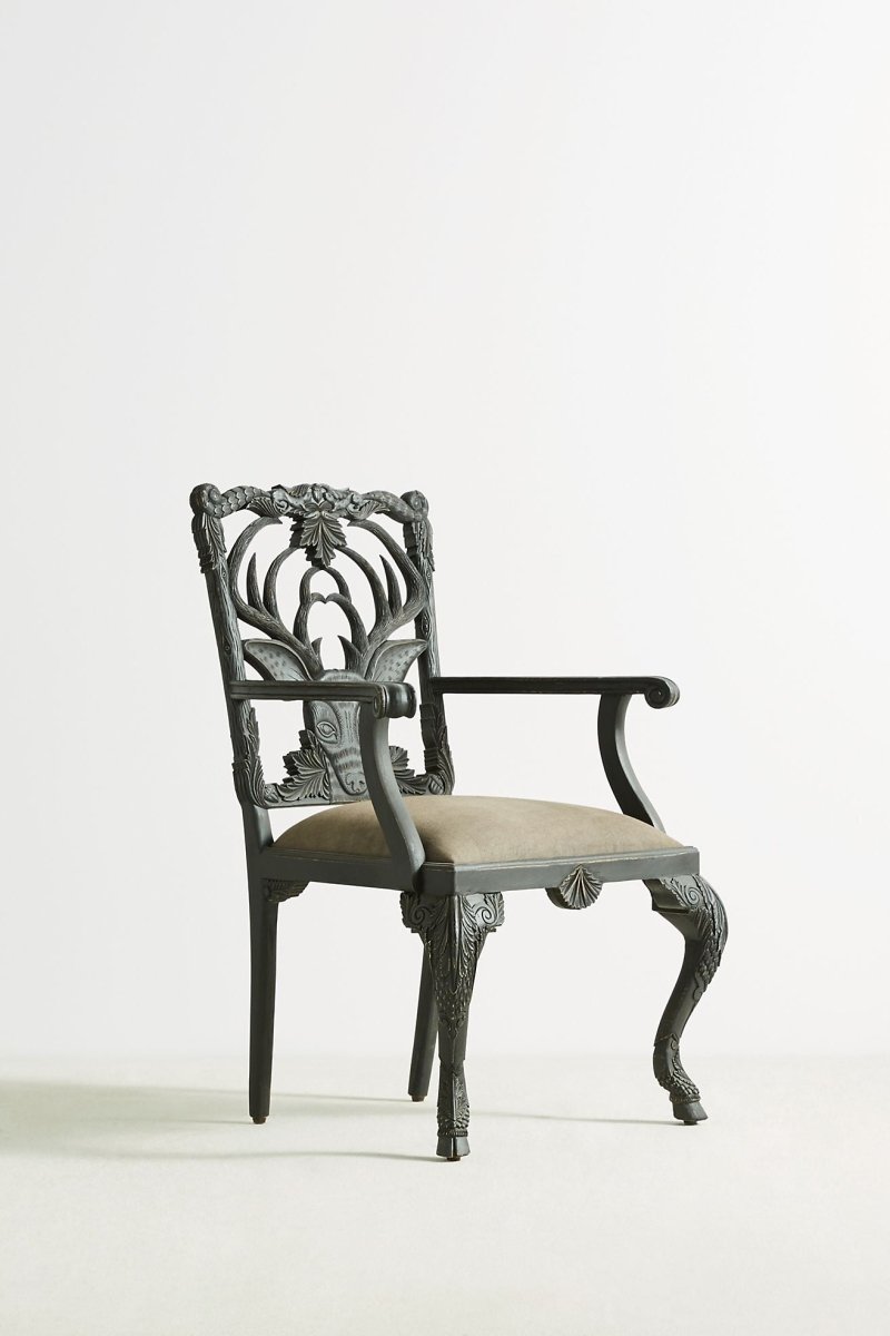 Hand Carved Black Menagerie Deer Armchair - Handmade Solid Wood Dining Chair with High Back Support | Rustic Home Decor, Farmhouse Dining Room, Lodge Living Room Furniture