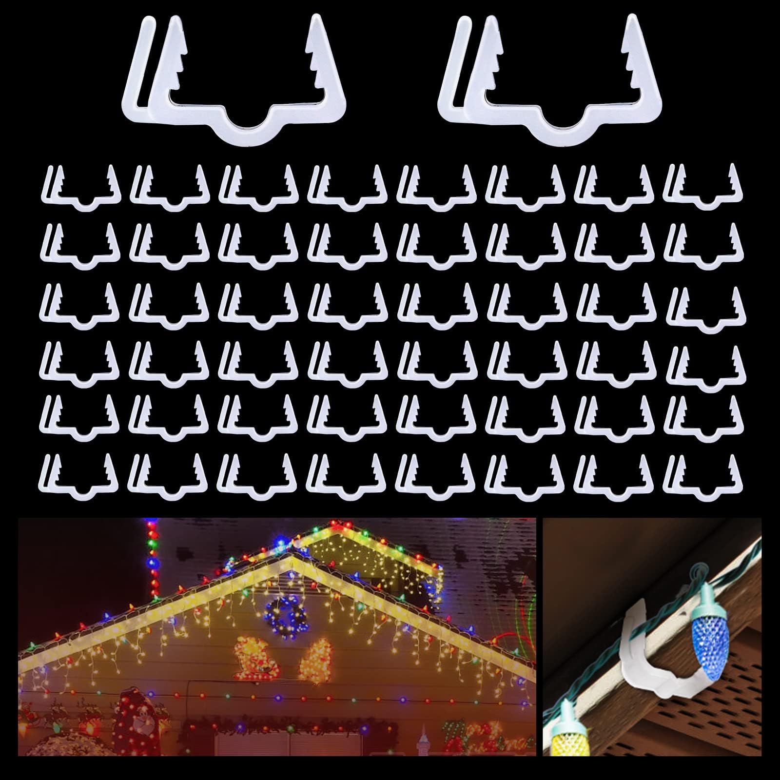 100PCS Christmas Light Clips for Fascia Board & Deck Banister - Heavy Duty Plastic Hangers for Indoor/Outdoor Holiday Lights (Fits 3/4''-7/8'' Thickness) - Perfect for Roof, Gutters & Railings