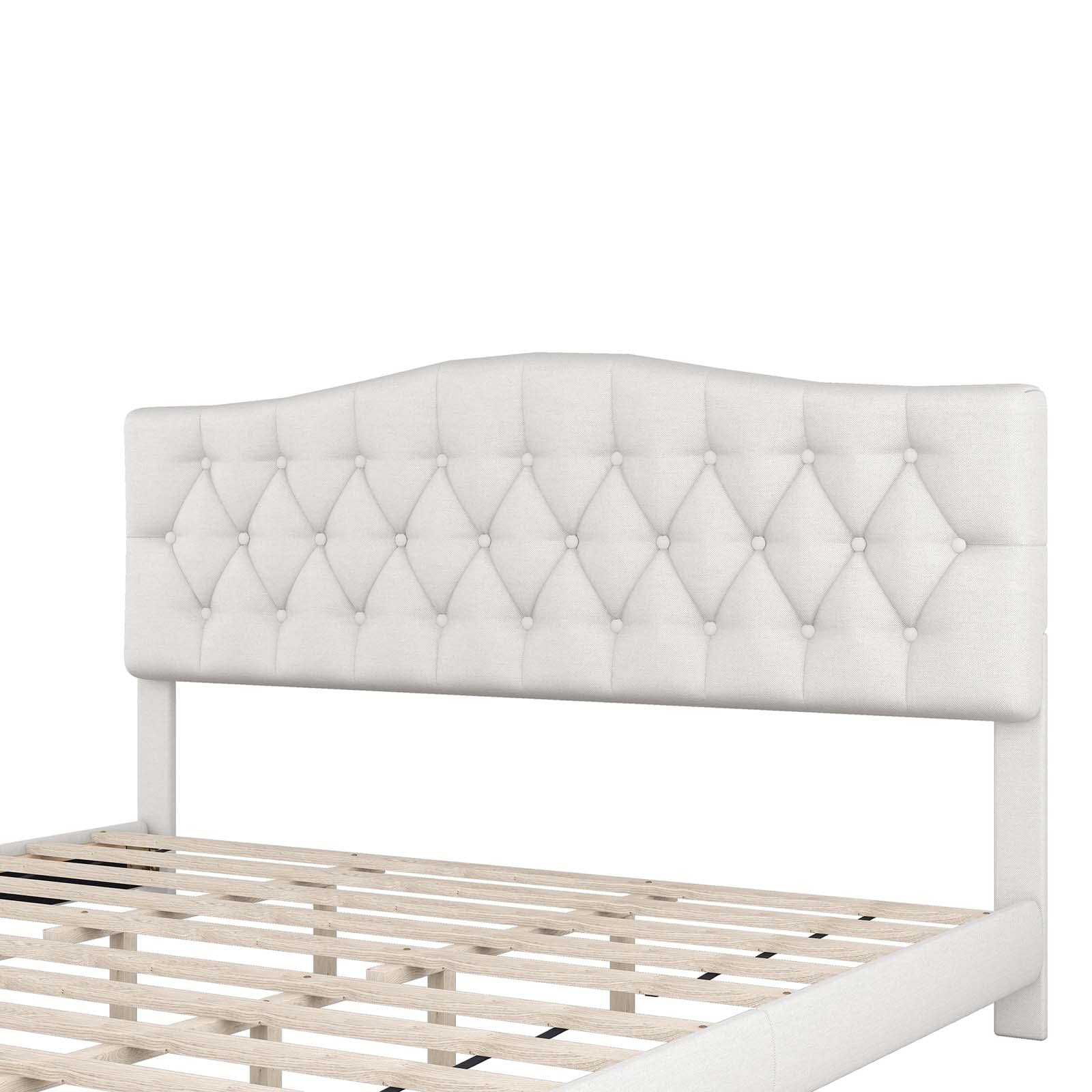 King Size Linen Upholstered Platform Bed Frame with Tufted Headboard - Sturdy Wooden Slat Support, Noise Free Design, No Box Spring Needed, Under Bed Storage Space - Perfect for Master Bedroom, Guest Room, Kids Room and Teen Bedroom (King)