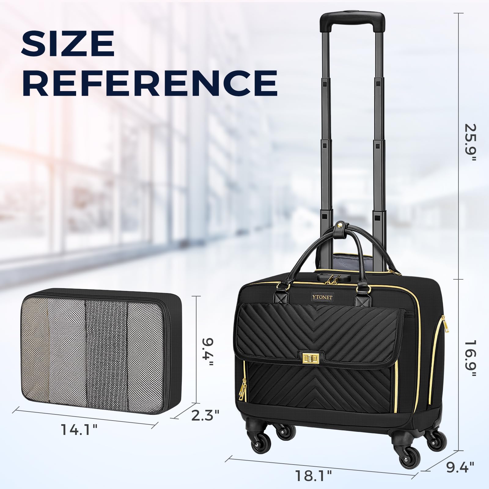 Ytonet 17.3 Inch Rolling Laptop Bag for Women - 4 Spinner Wheels, Lock & Packing Cube - Black Rolling Briefcase for Travel, Work, Business, Teacher & Daily Commute