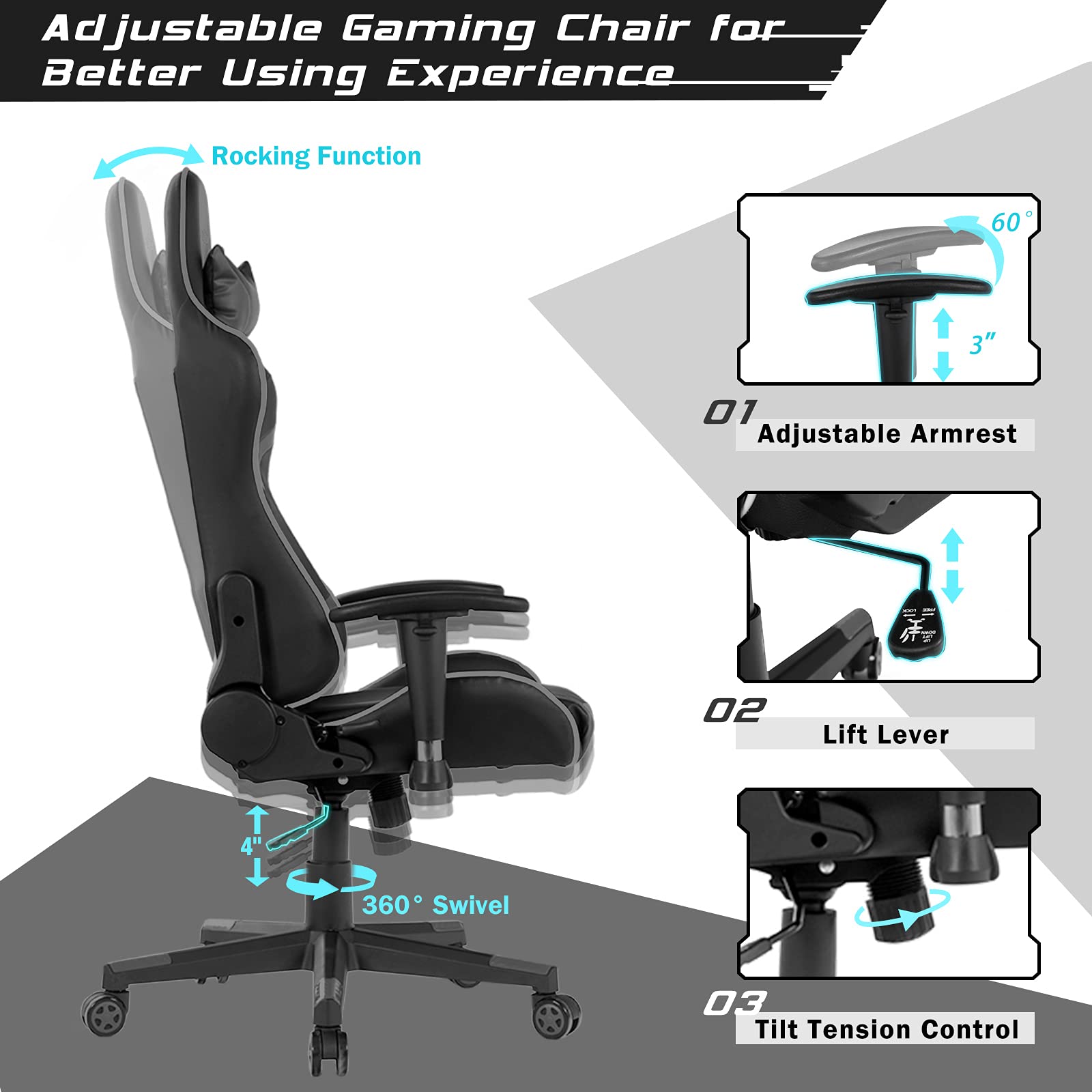 GYMAX Ergonomic Gaming Chair with Adjustable Headrest & Lumbar Support - Reclining Computer Chair for Adults - Comfortable Office Desk Chair for Gamers & Professionals - Perfect for Long Gaming Sessions & Remote Work (Grey)