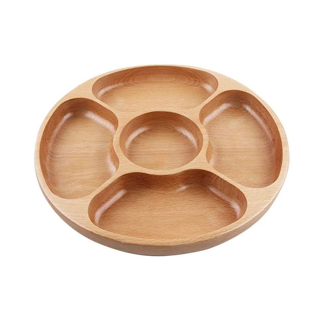 QWZYP 5-Compartment Wooden Appetizer Serving Tray - Round Divided Snack Plate for Dry Fruits, Nuts, Candy & Party Finger Foods | Elegant Home Kitchen Dining & Entertaining Dish (Color A, One Size)