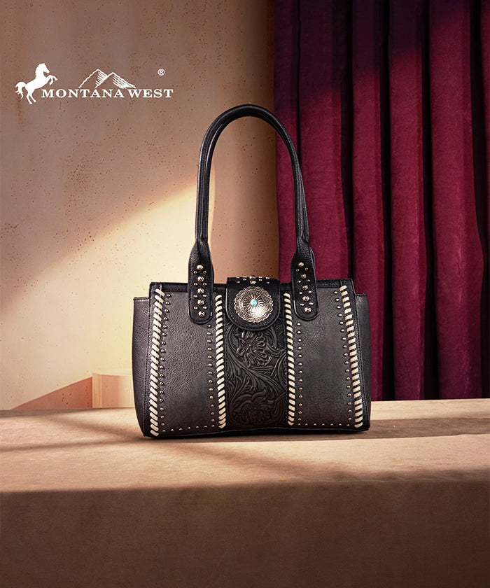 Montana West Tooled Leather Concealed Carry Tote Bag for Women - Western Style Handbag with Concho Details - Perfect for Everyday Use, Travel & Concealed Carry